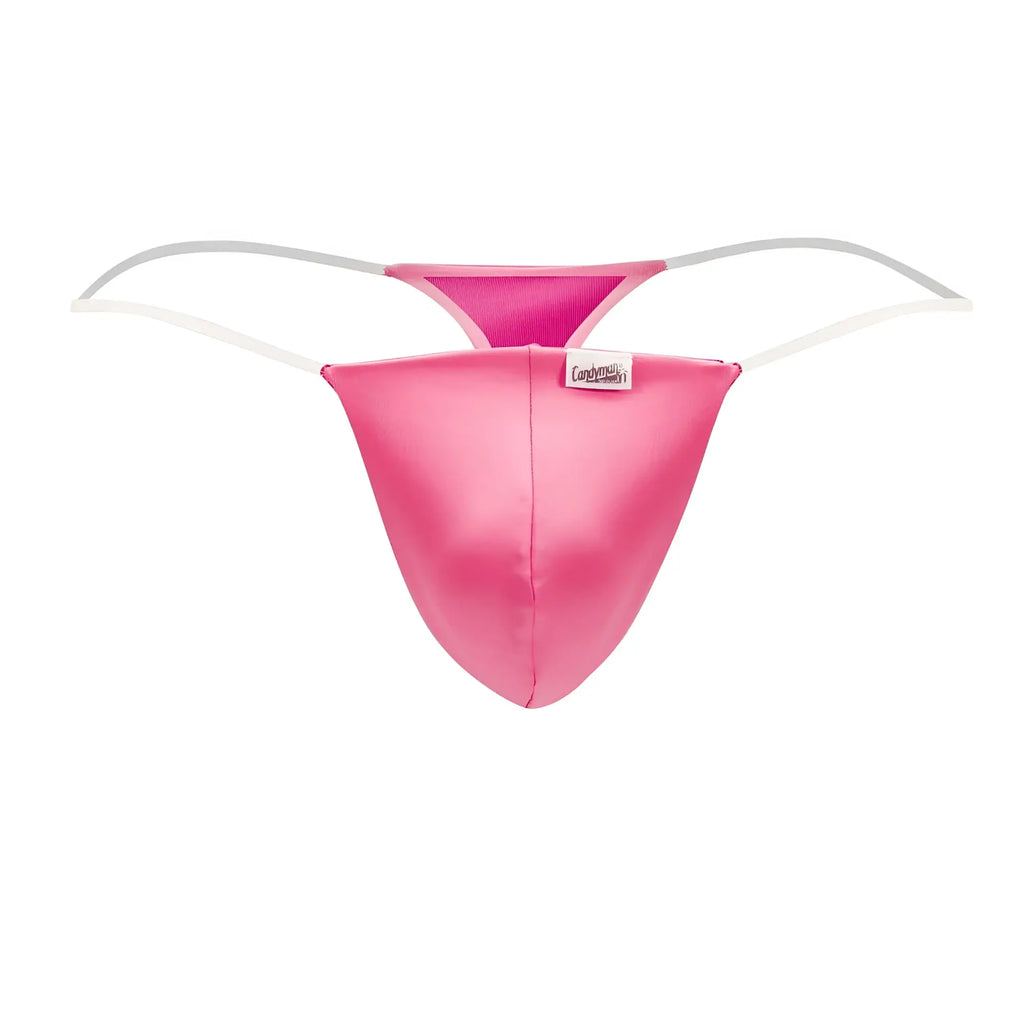 CandyMan 99548 invisible micro thong in vibrant hot pink satin with white elastic straps and a small brand tag