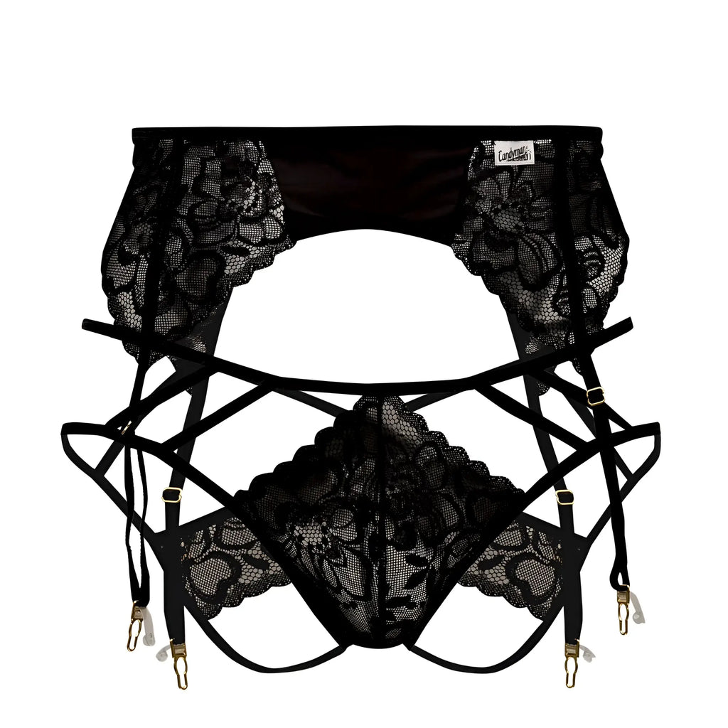 Black lace garter belt with floral patterns and gold-toned clasps from candyman 99550 lace garter-jockstrap outfit