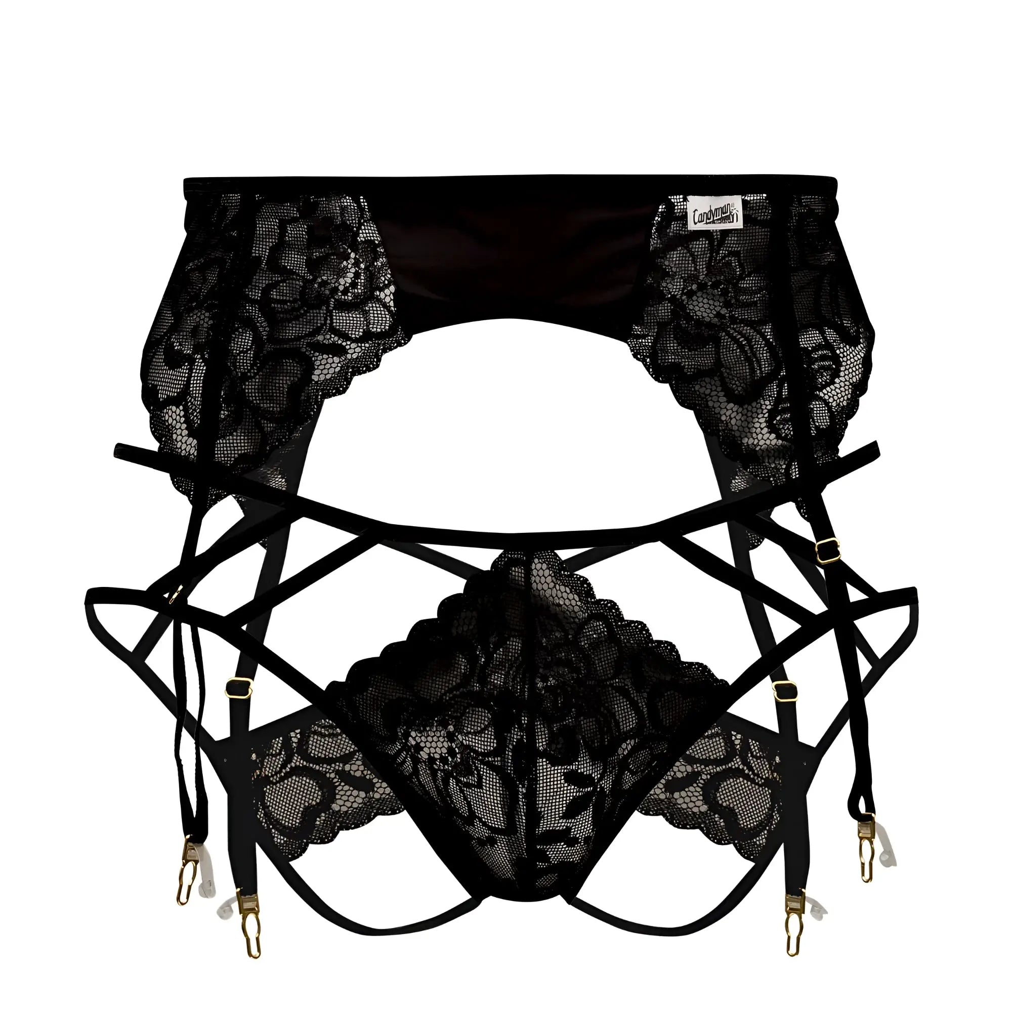 Black lace garter belt with floral patterns and gold-toned clasps from candyman 99550 lace garter-jockstrap outfit