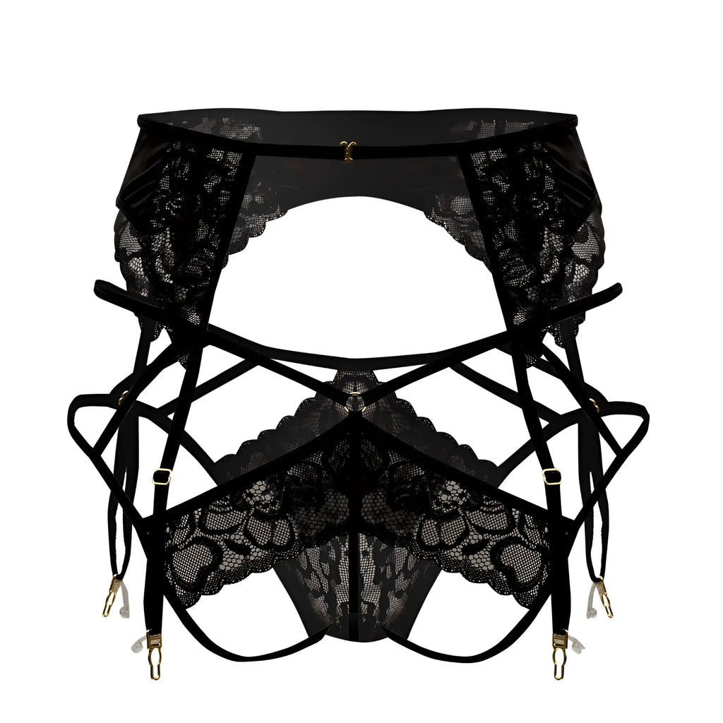 CandyMan 99550 black lace garter belt with intricate floral patterns and adjustable straps for a jockstrap outfit