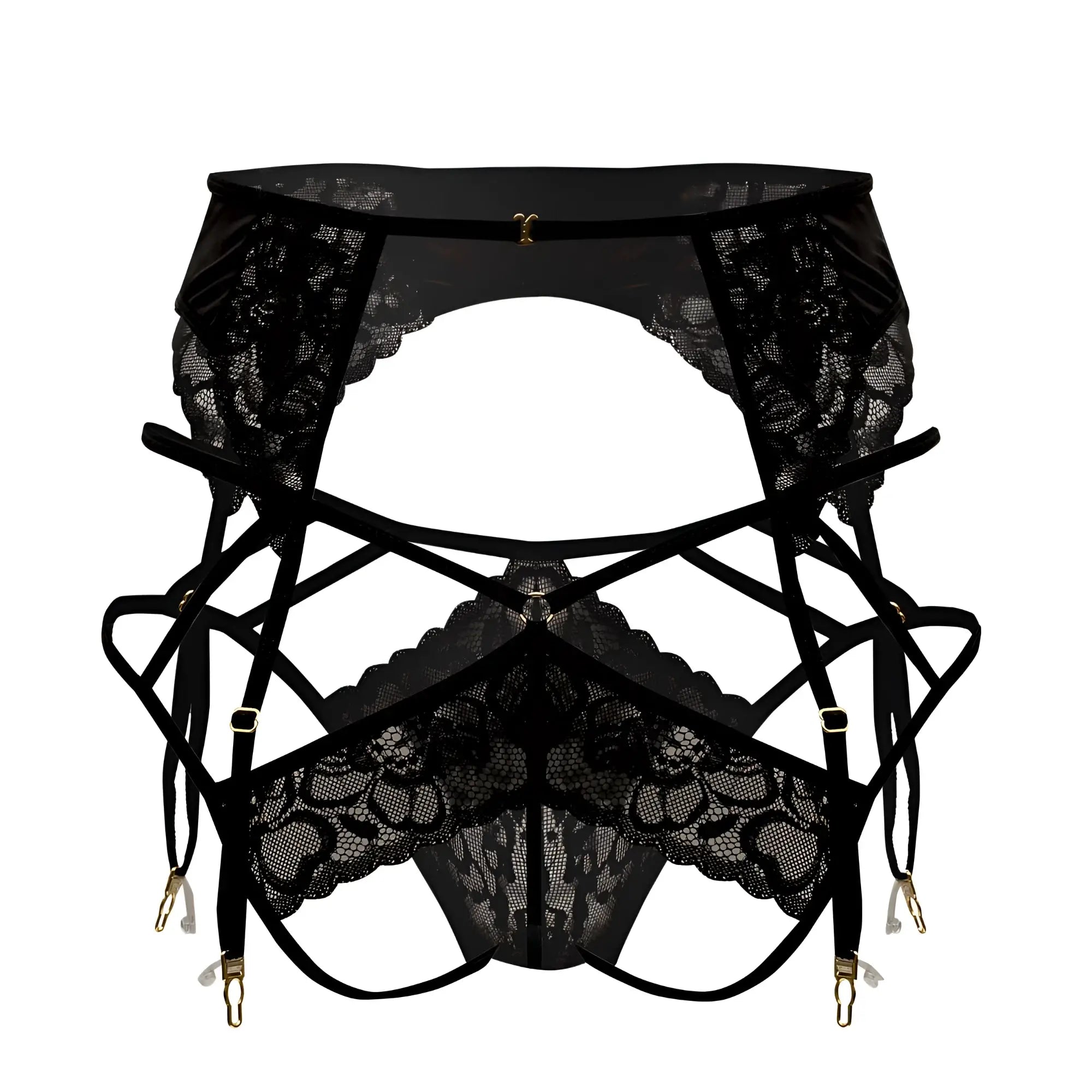 CandyMan 99550 black lace garter belt with intricate floral patterns and adjustable straps for a jockstrap outfit