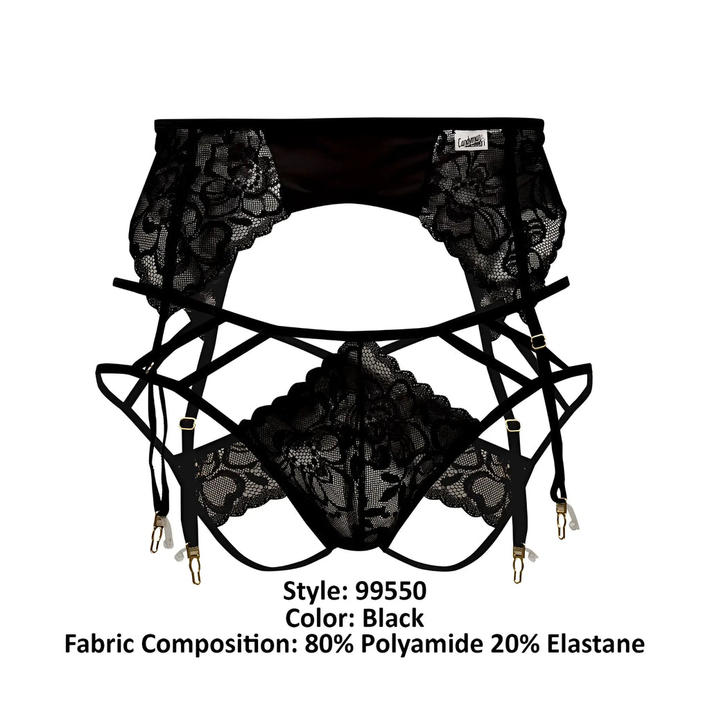 Black lace garter belt with intricate floral patterns and adjustable straps from candyman 99550 lace garter-jockstrap outfit