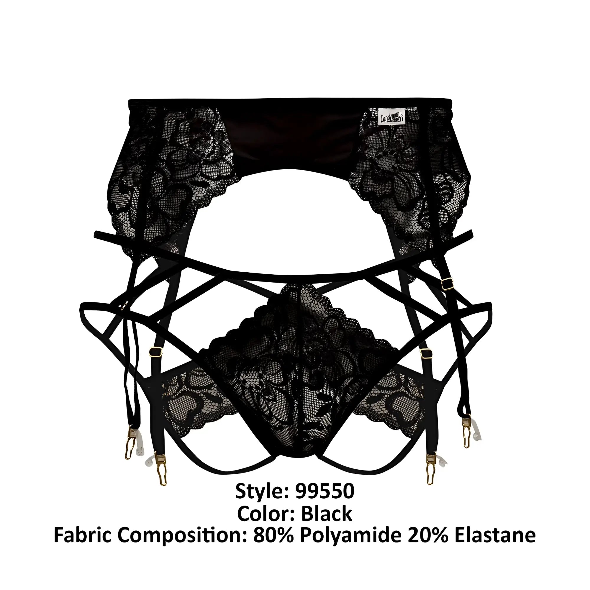 Black lace garter belt with intricate floral patterns and adjustable straps from candyman 99550 lace garter-jockstrap outfit
