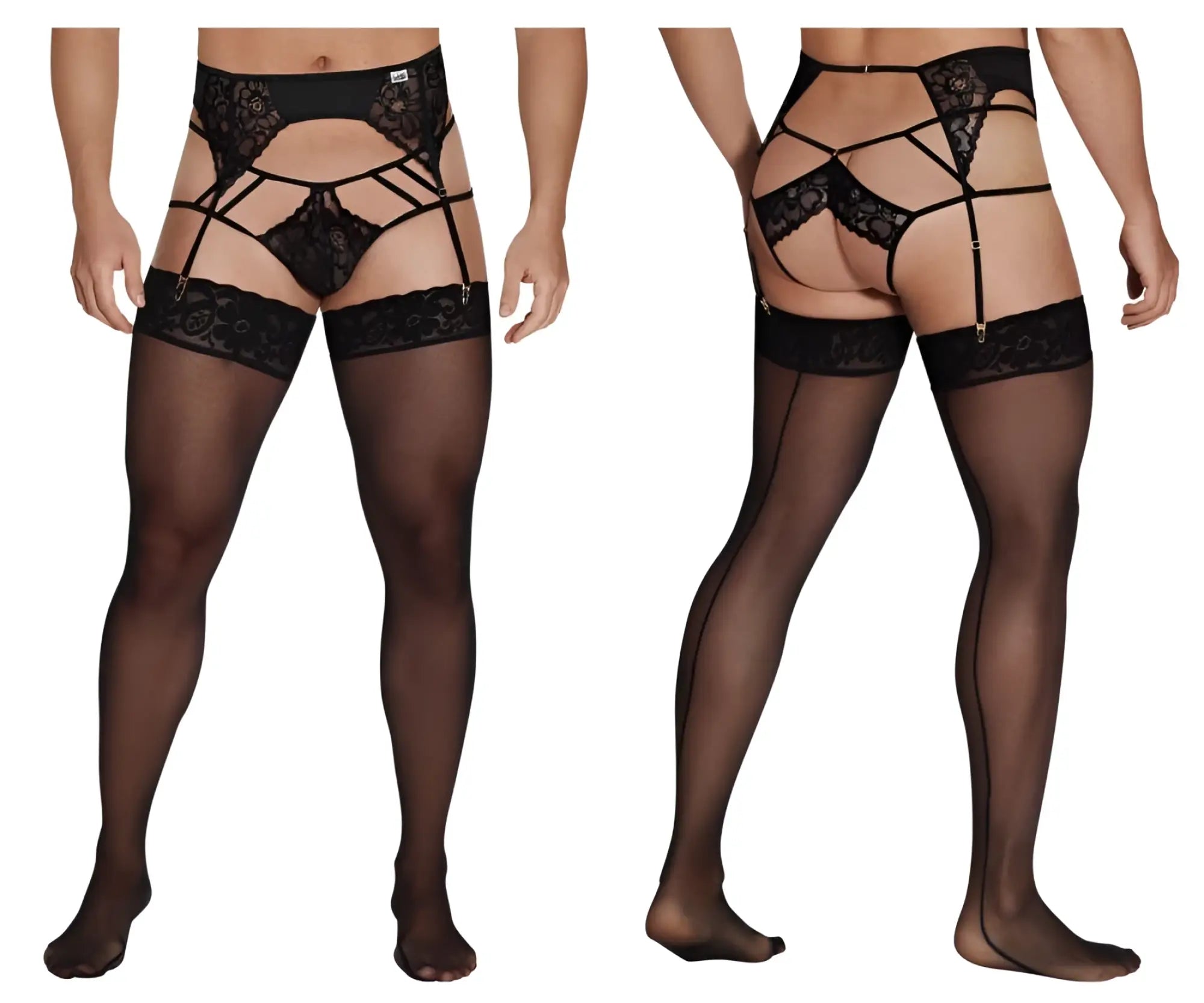 Black lace garter belt with sheer stockings from candyman 99550 lace garter-jockstrap outfit in black shown from the back