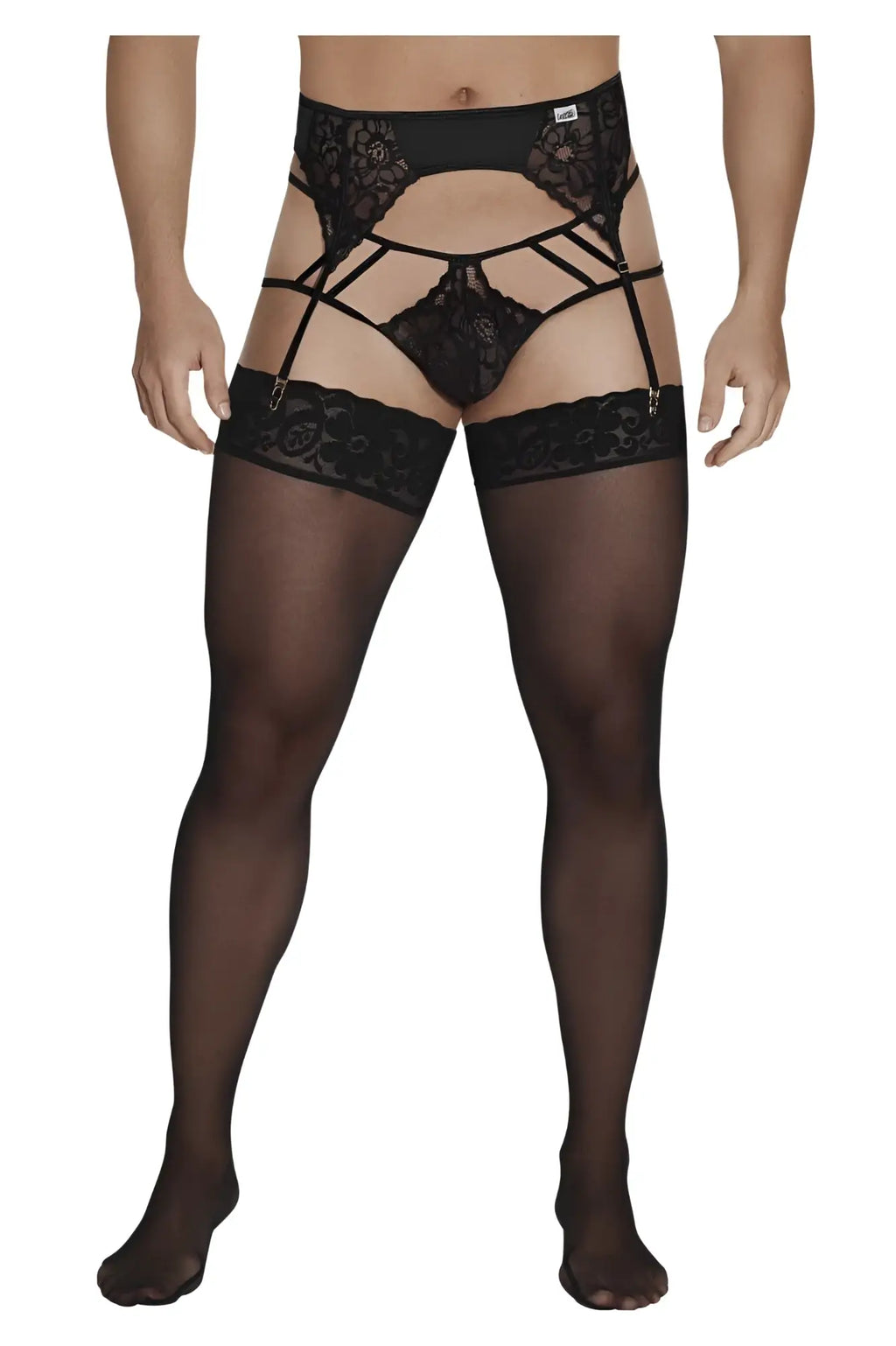Black lace garter belt with sheer stockings in candy man 99550 lace garter-jockstrap outfit color black