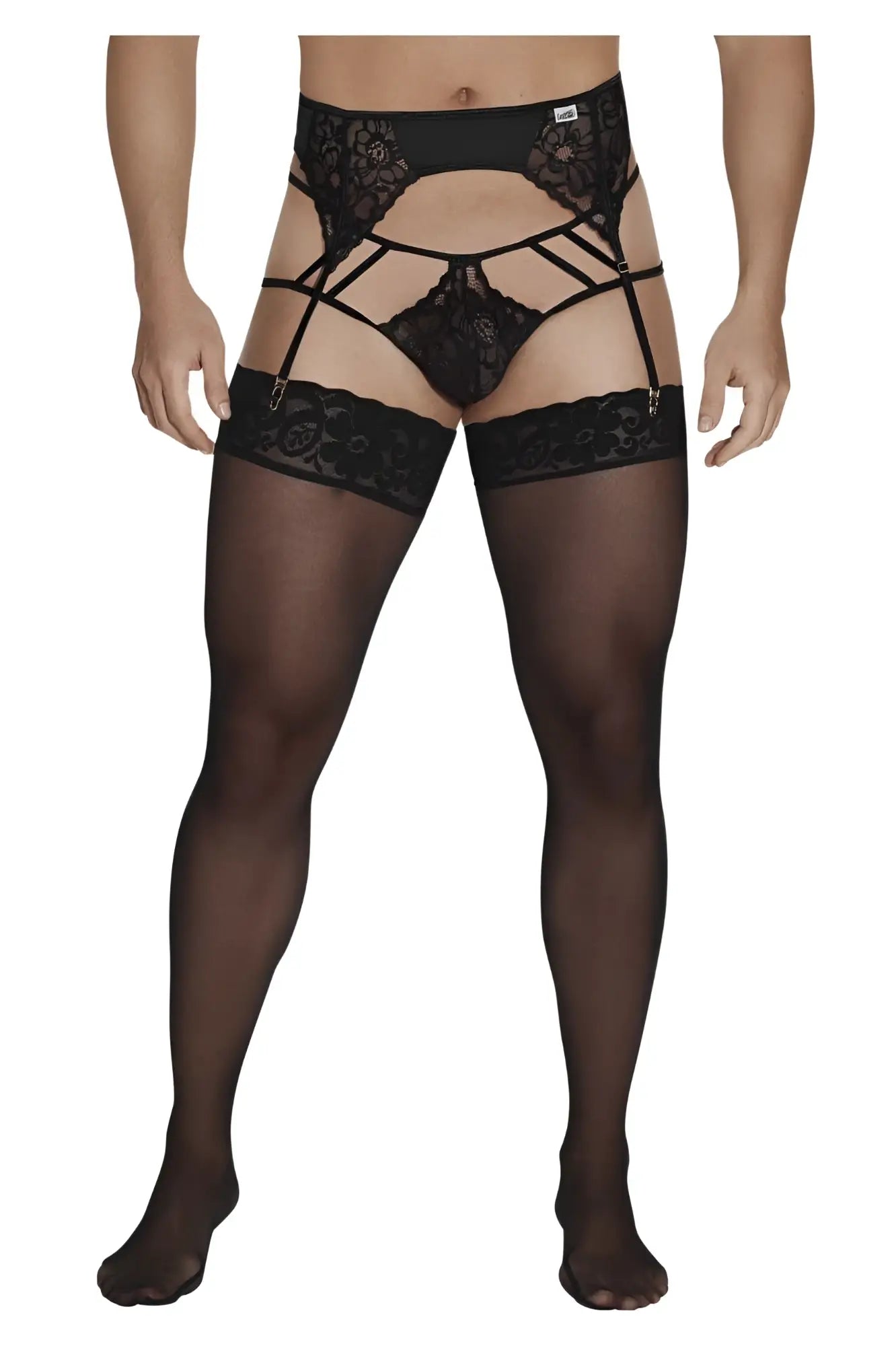 Black lace garter belt with sheer stockings in candy man 99550 lace garter-jockstrap outfit color black