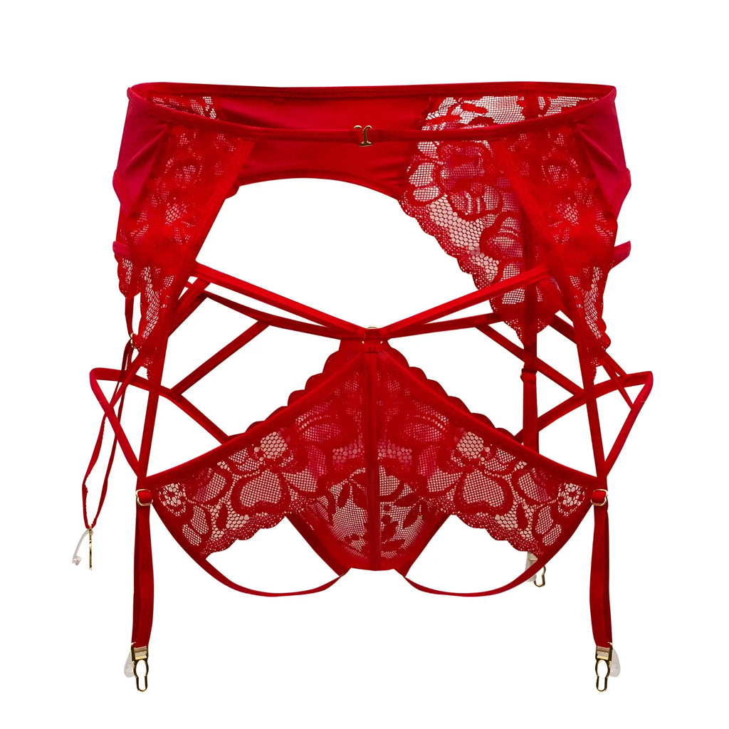 Candyman 99550 red lace garter jockstrap outfit featuring floral lace garter belt with adjustable straps