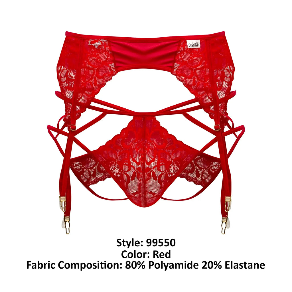 Red lace garter belt with floral pattern and adjustable straps from candyman 99550 lace garter-jockstrap outfit