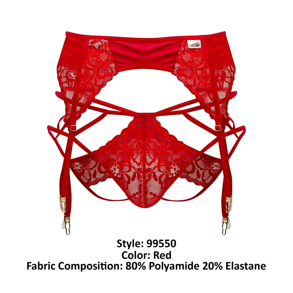 Red lace garter belt with floral pattern and adjustable straps from candyman 99550 lace garter-jockstrap outfit