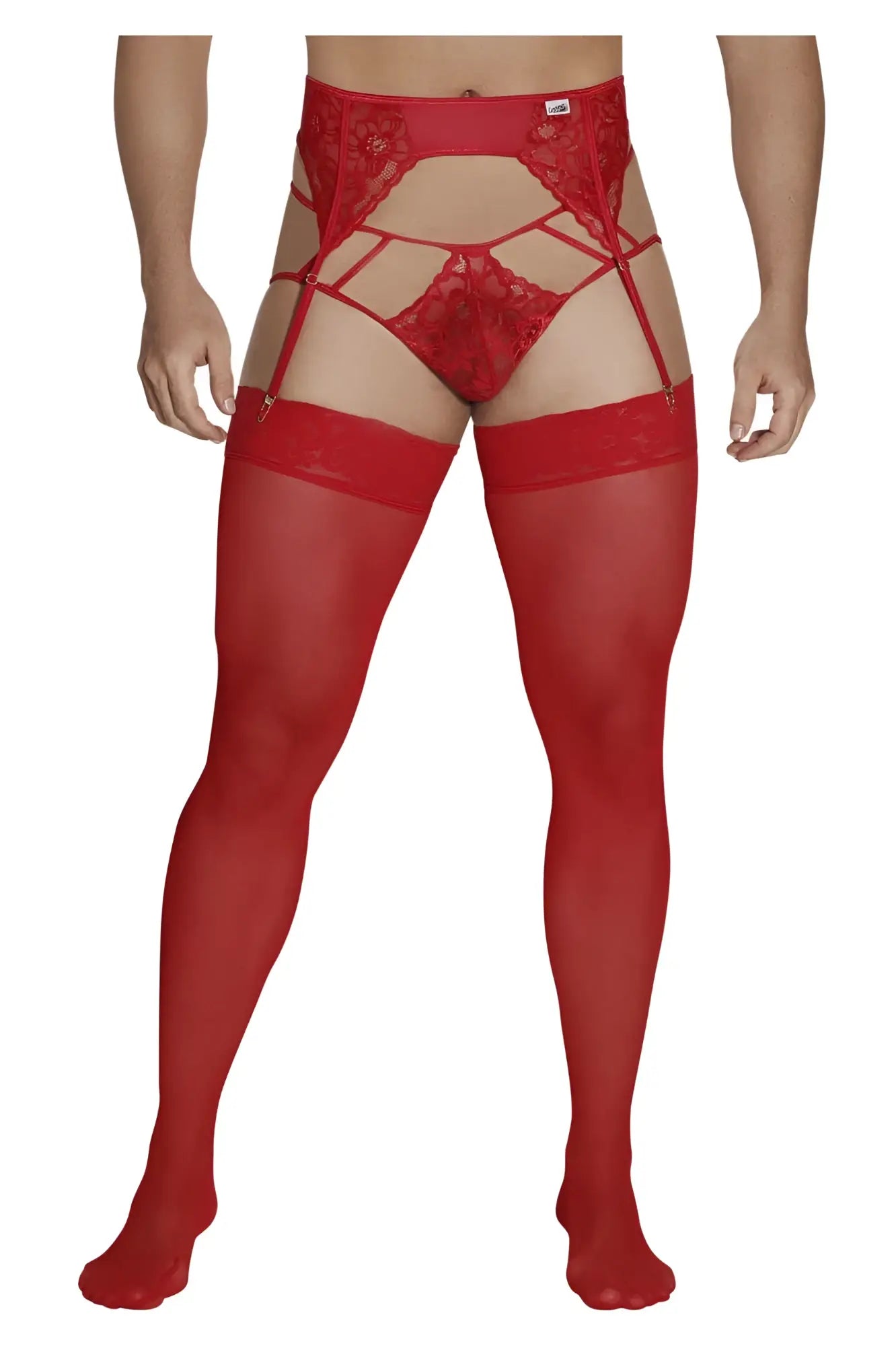 Red lace garter belt with matching sheer stockings from candyman 99550 lace garter-jockstrap outfit