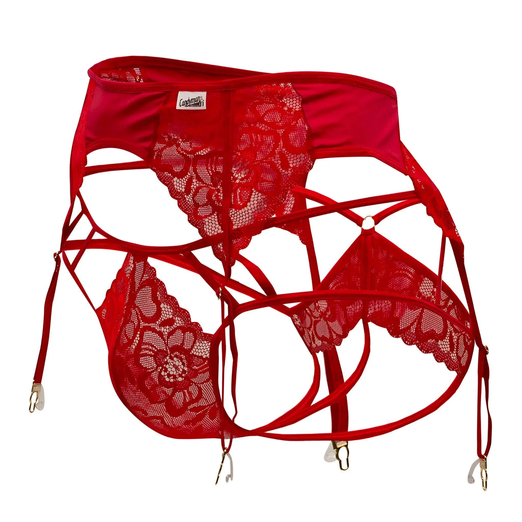 Red lace garter-jockstrap outfit by candyman featuring intricate floral patterns satin straps and gold-toned clasps