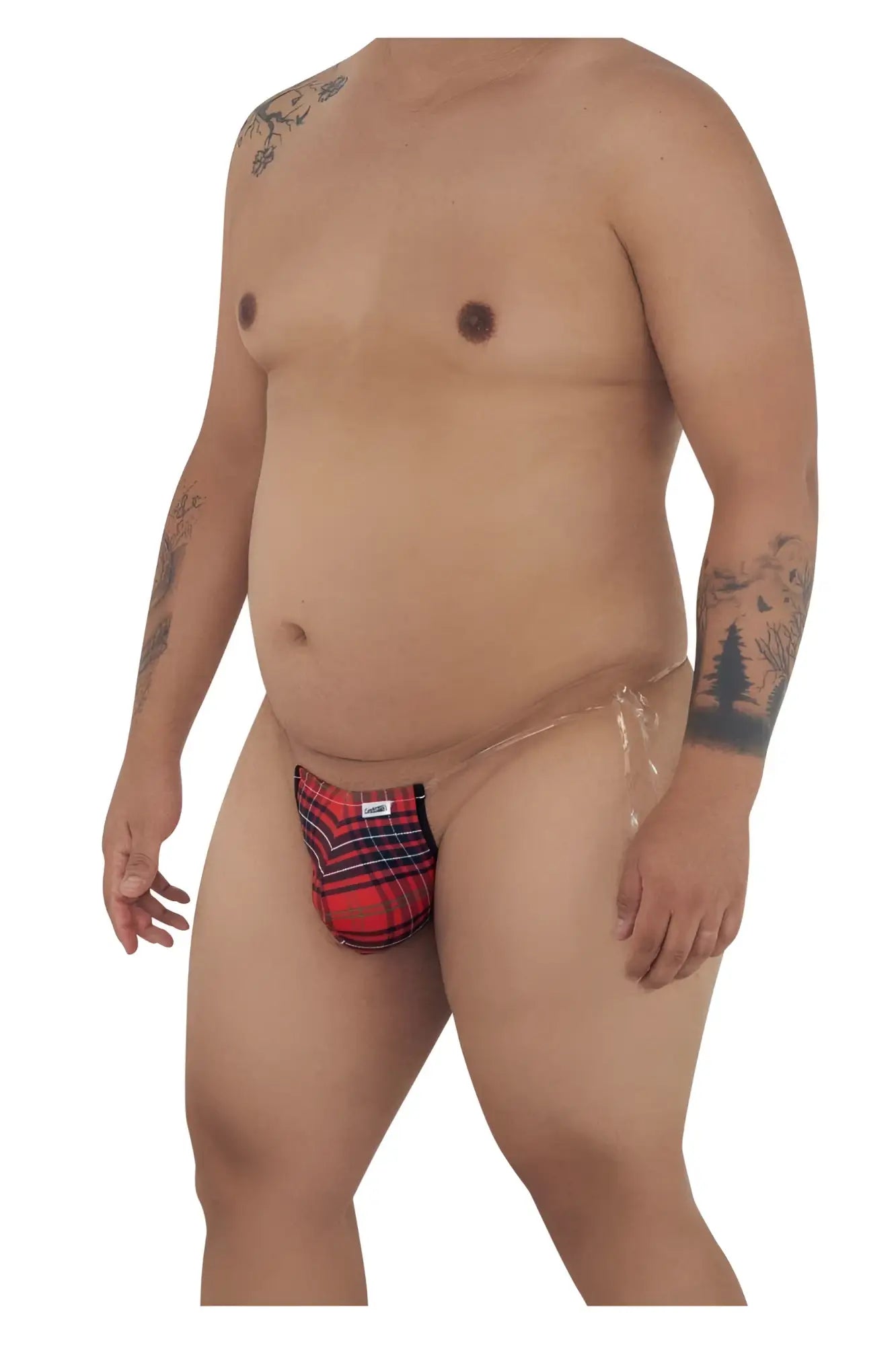 Candyman 99571x invisible micro g-string briefs in red plaid with transparent side panels for a bold look