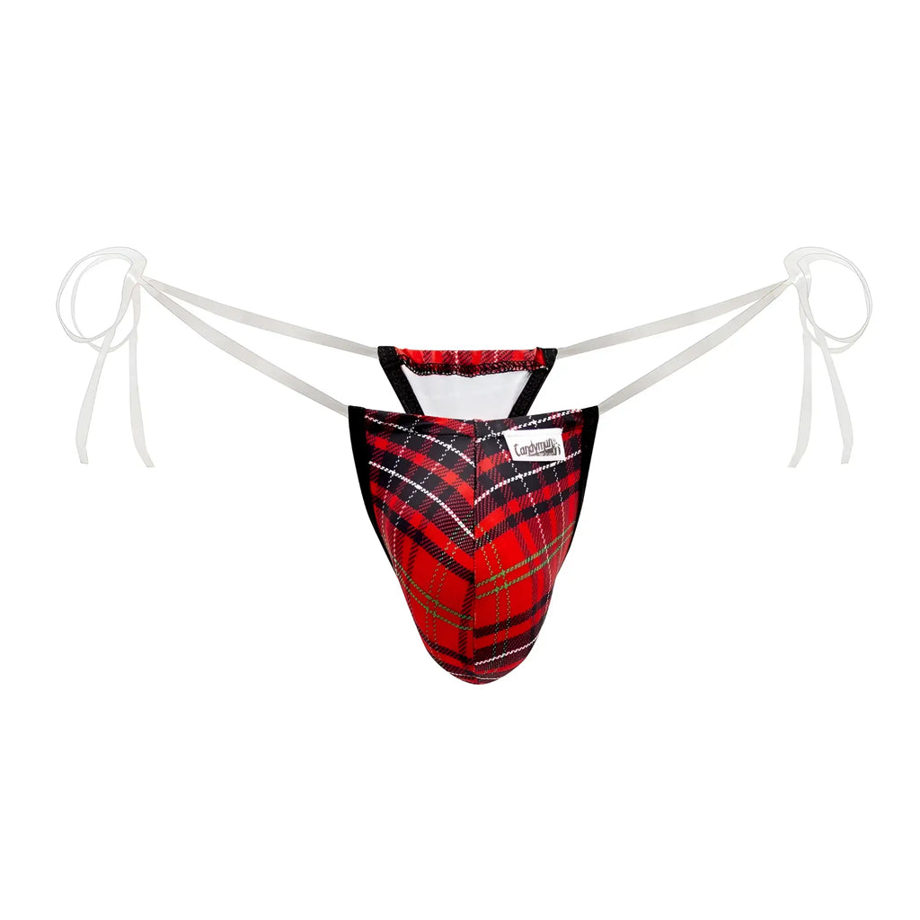 CandyMan 99571X invisible micro g-string red and black plaid men’s thong with white ties shown from back side