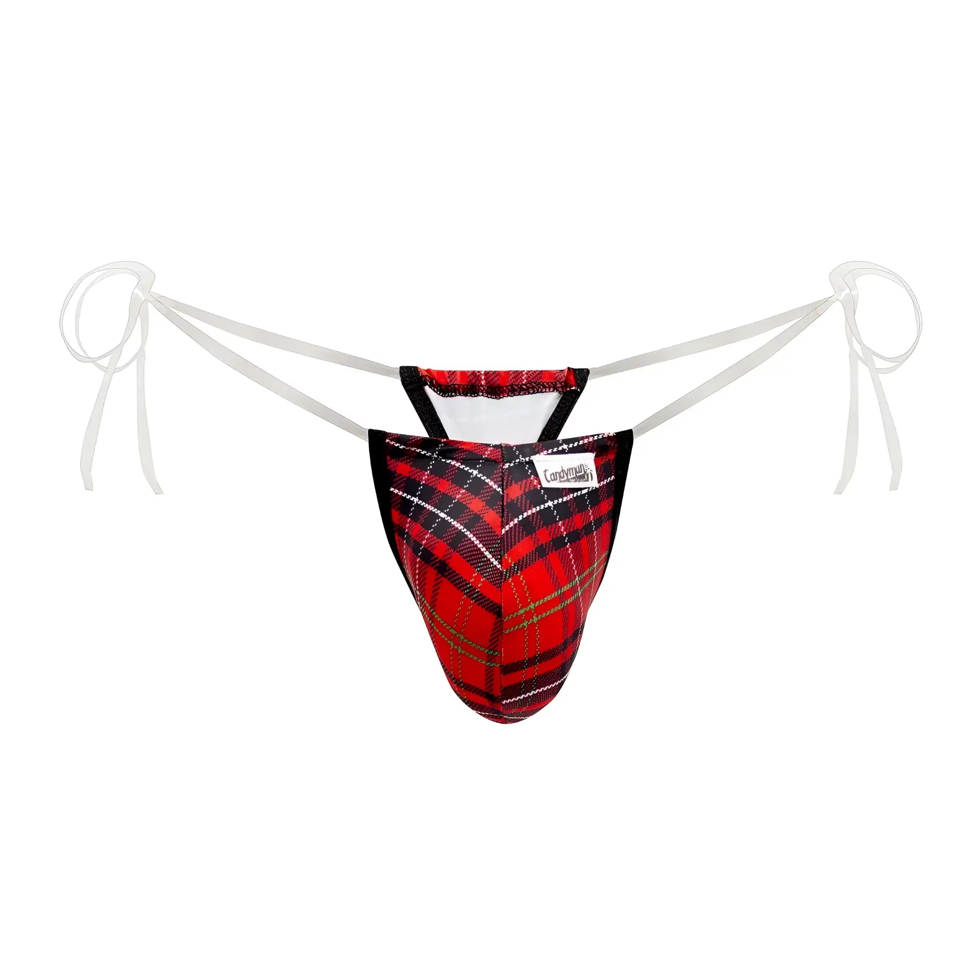 CandyMan 99571X invisible micro g-string red and black plaid men’s thong with white ties shown from back side