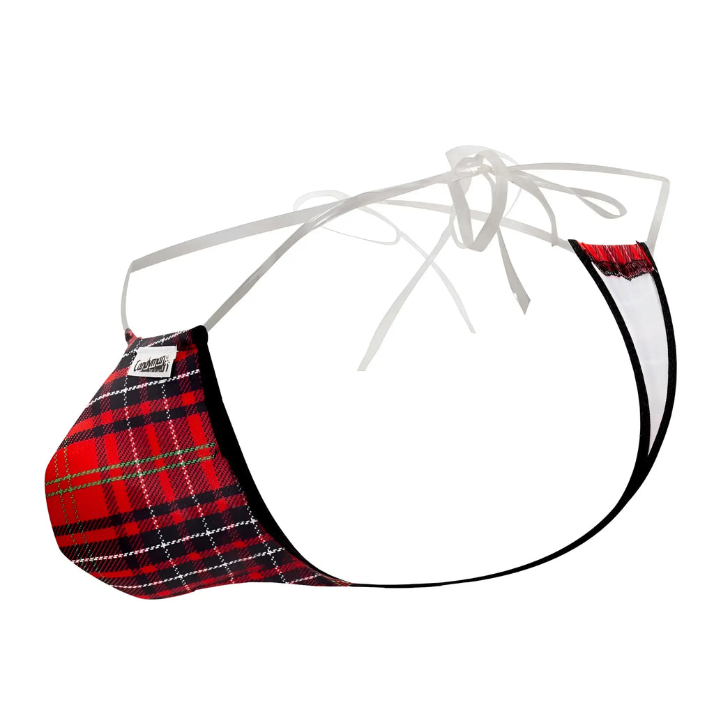 CandyMan 99571X red and black plaid men’s thong with white lace trim invisible micro g-string front view