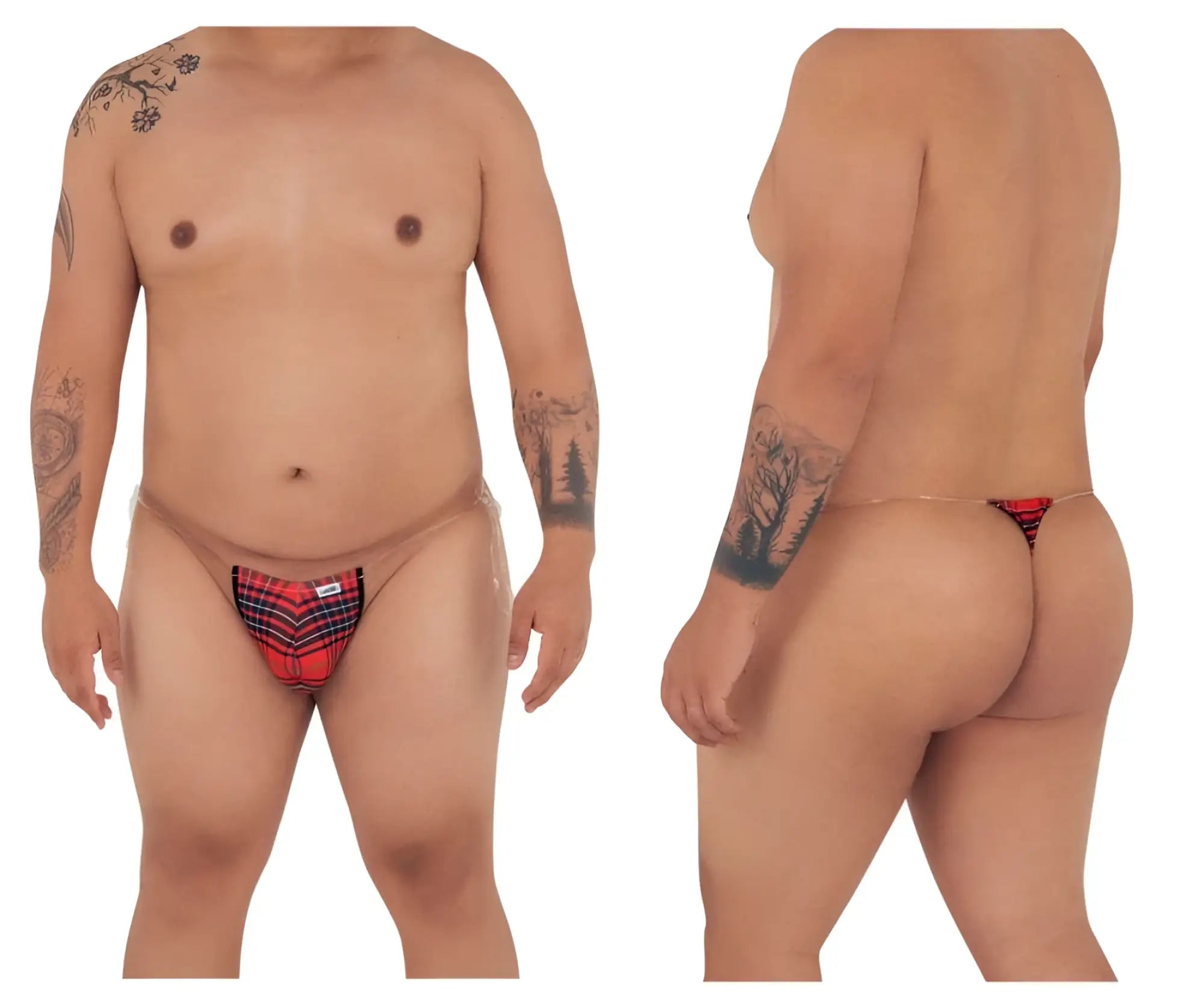 Red and black plaid CandyMan 99571X invisible micro G-string thong with small white logo on the front
