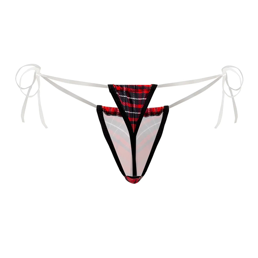 Red and black plaid candyMan 99571X invisible micro g-string with sheer mesh panels and white ribbon ties