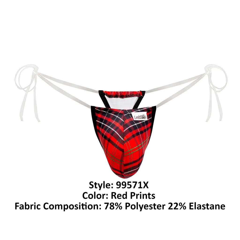 Red plaid men’s thong with white ties and black trim made of 78 polyester 22 elastane candy man 99571x invisible micro g-string