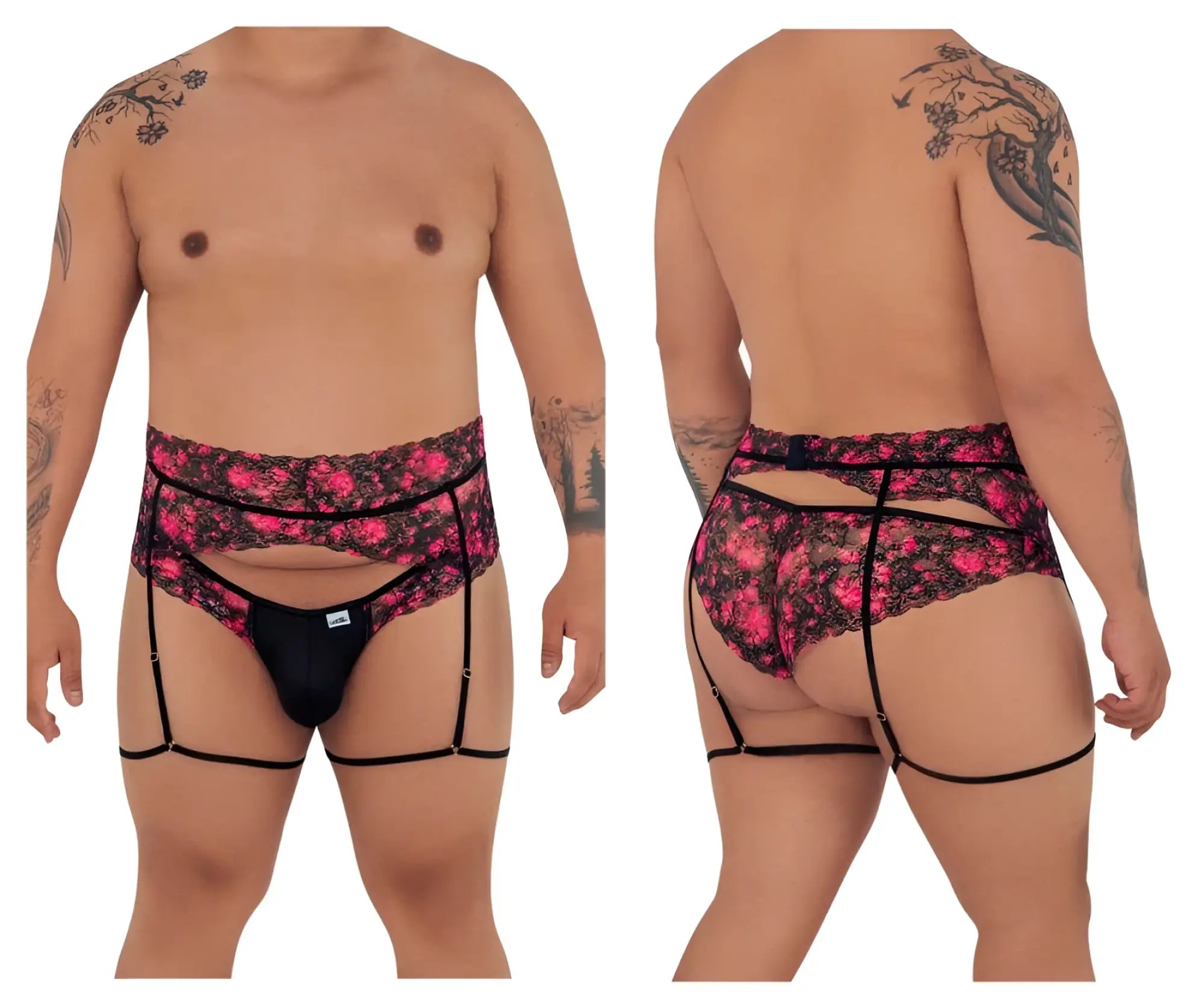 Pink and black floral lace garter belt with matching thong from candyman 99576X lace garter thongs black print