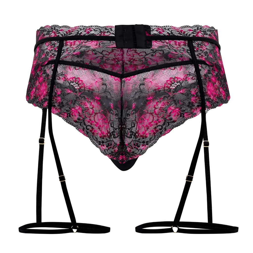 CandyMan 99576X lace garter thong in black with pink and black floral lace and adjustable straps