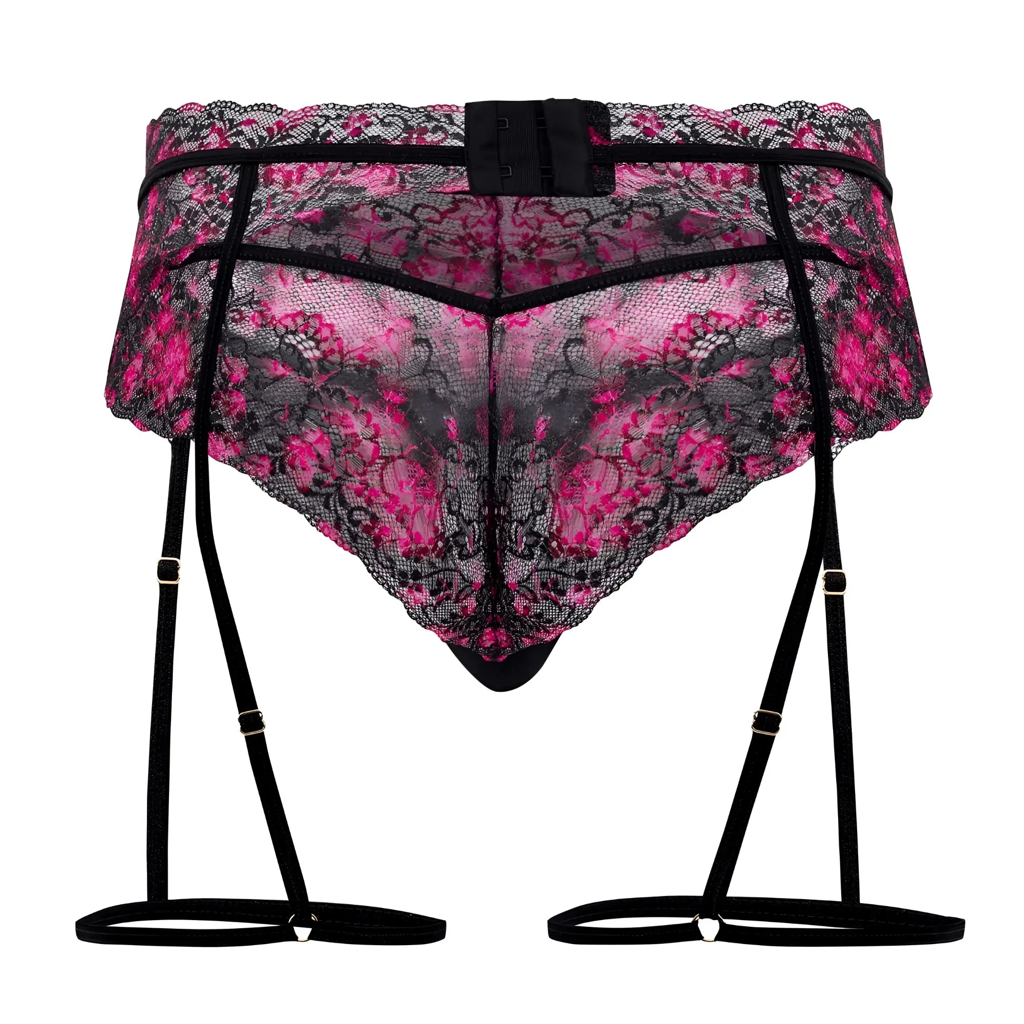 CandyMan 99576X lace garter thong in black with pink and black floral lace and adjustable straps