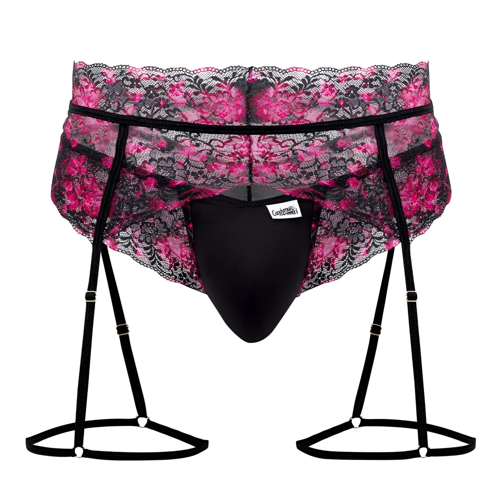 CandyMan 99576X lace garter thong featuring black lace suspenders with pink floral pattern and black elastic straps