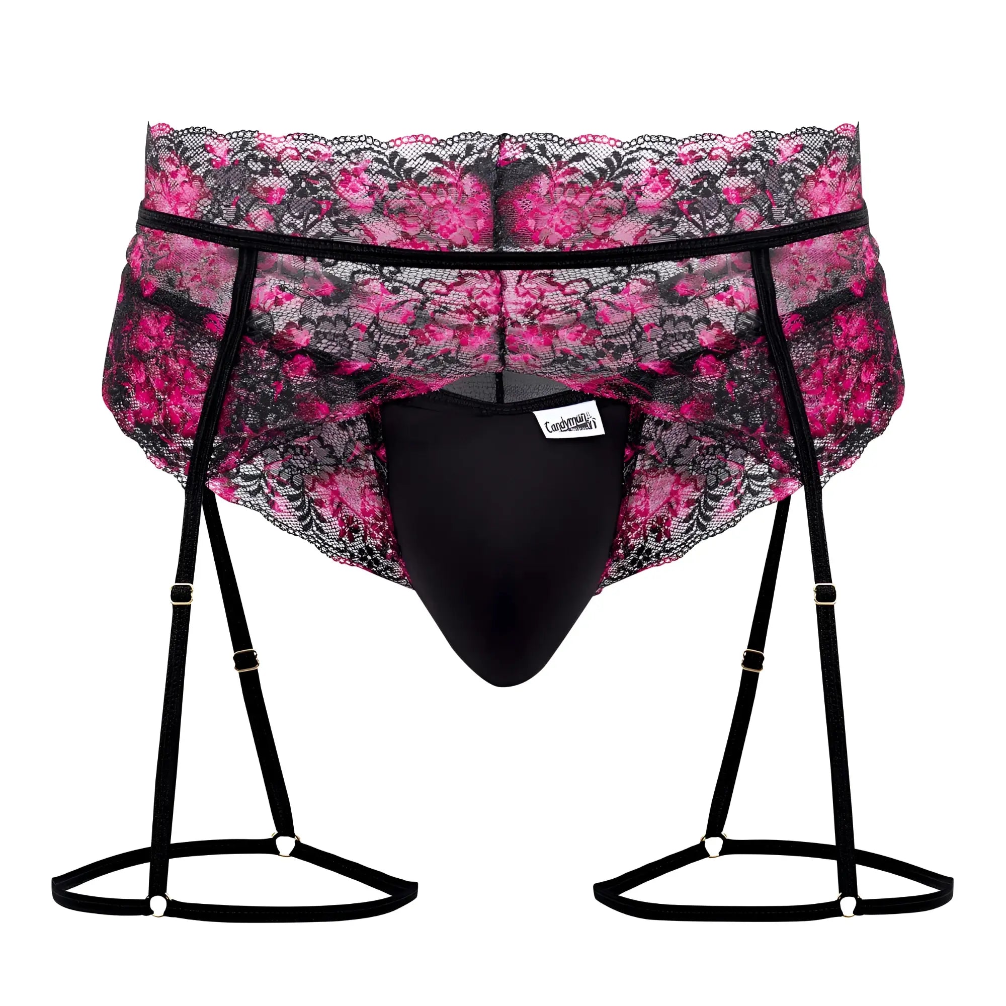 CandyMan 99576X lace garter thong featuring black lace suspenders with pink floral pattern and black elastic straps