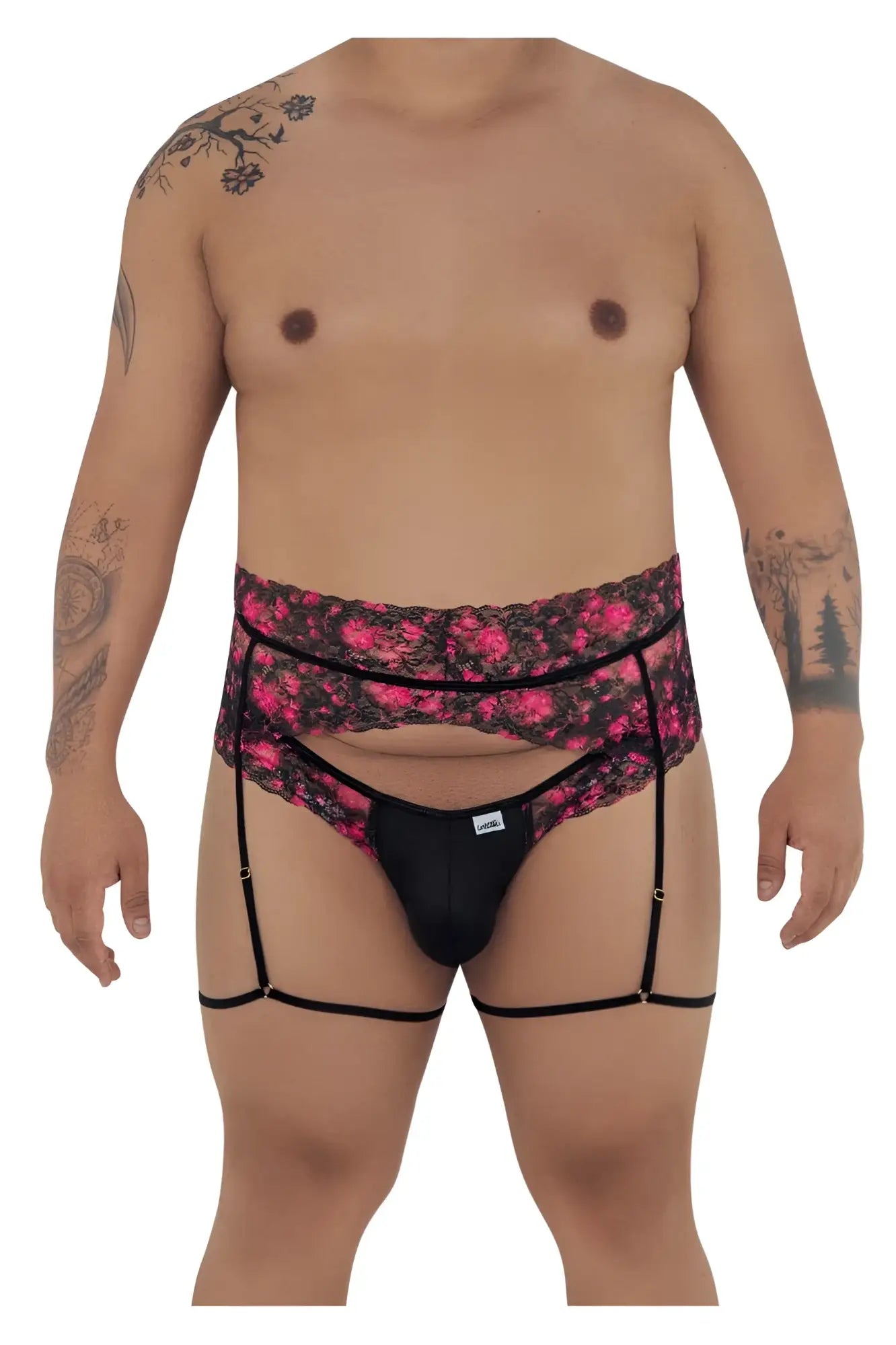Black lace candy man 99576x garter thong with pink floral pattern and adjustable straps in front view