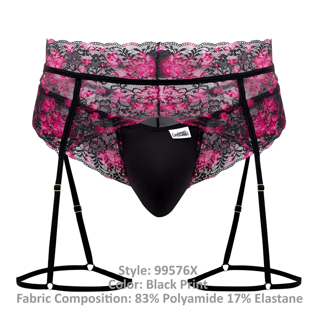 Black lace-trimmed candyMan 99576X men’s briefs with pink floral pattern and adjustable suspenders