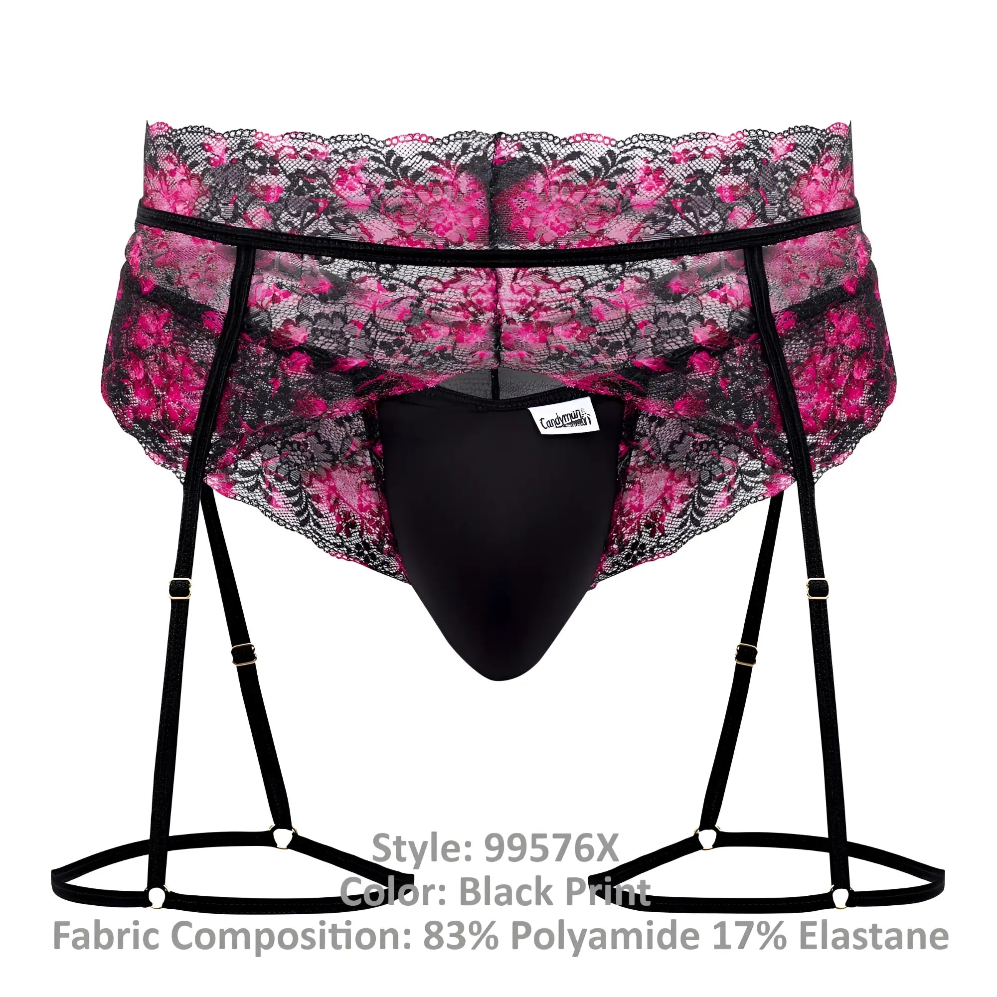 Black lace-trimmed candyMan 99576X men’s briefs with pink floral pattern and adjustable suspenders