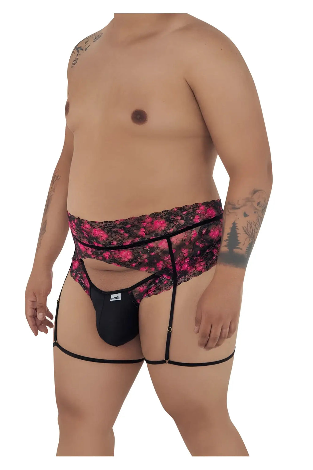 Black candyMan 99576X lace garter thongs with pink floral pattern adjustable straps and lace trim men’s briefs