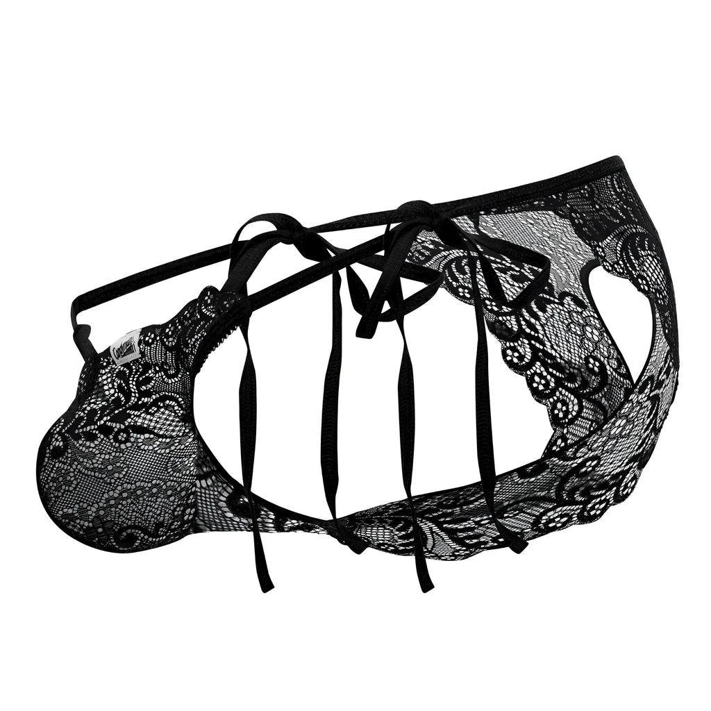 Candyman 99579 black lace heart bikini for men with intricate floral patterns and adjustable tie straps