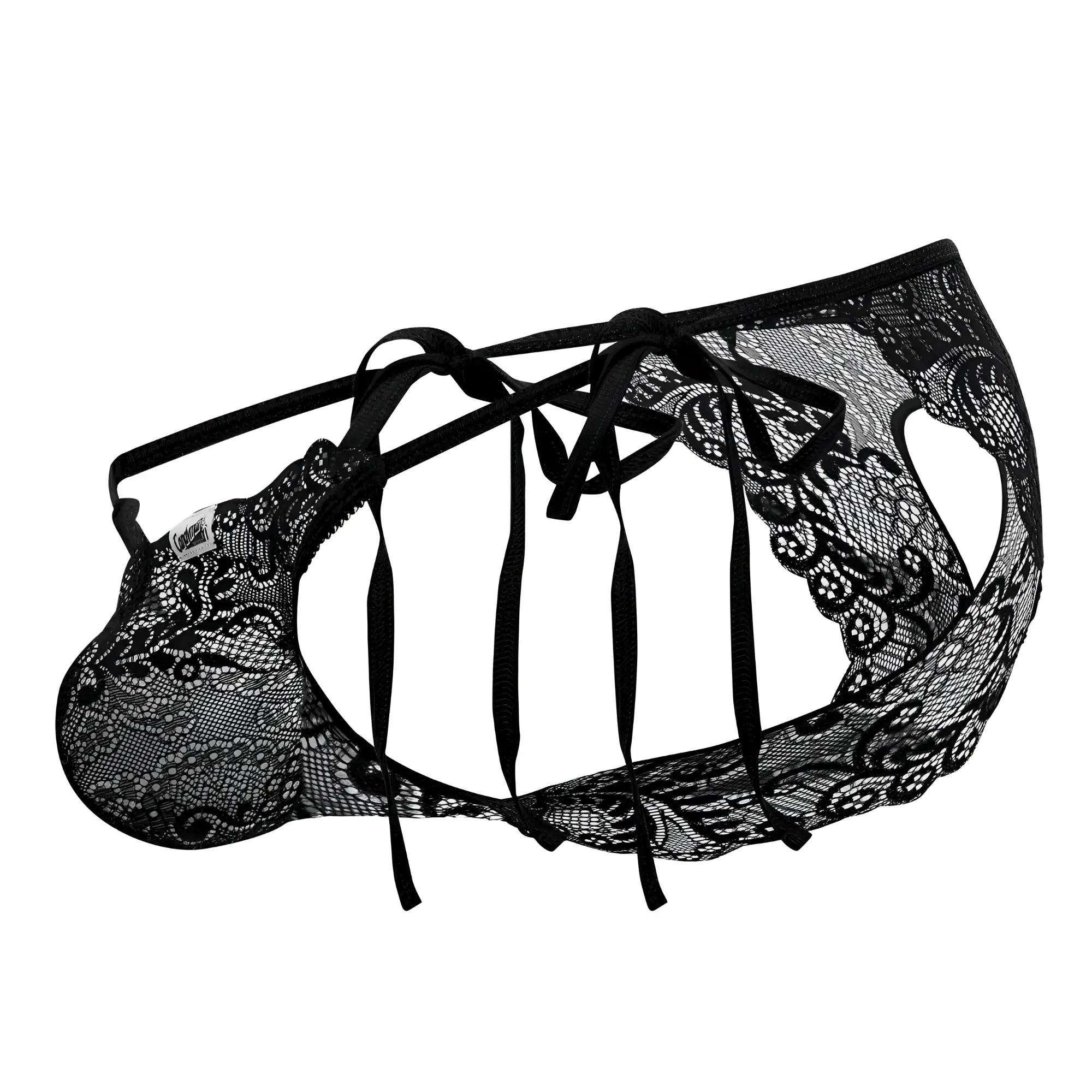 Candyman 99579 black lace heart bikini for men with intricate floral patterns and adjustable tie straps