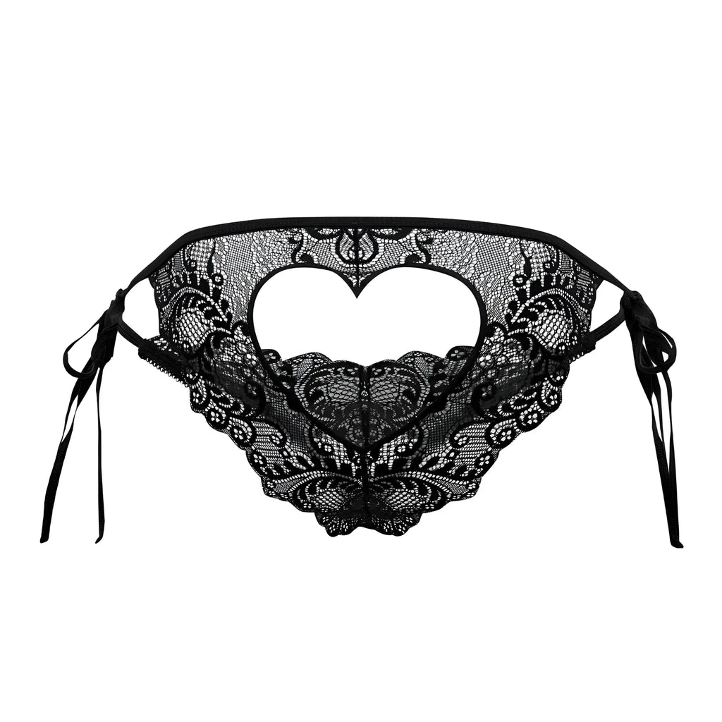 Black lace bikini bottom with heart-shaped cutout and tied side ties from Candyman 99579 in black