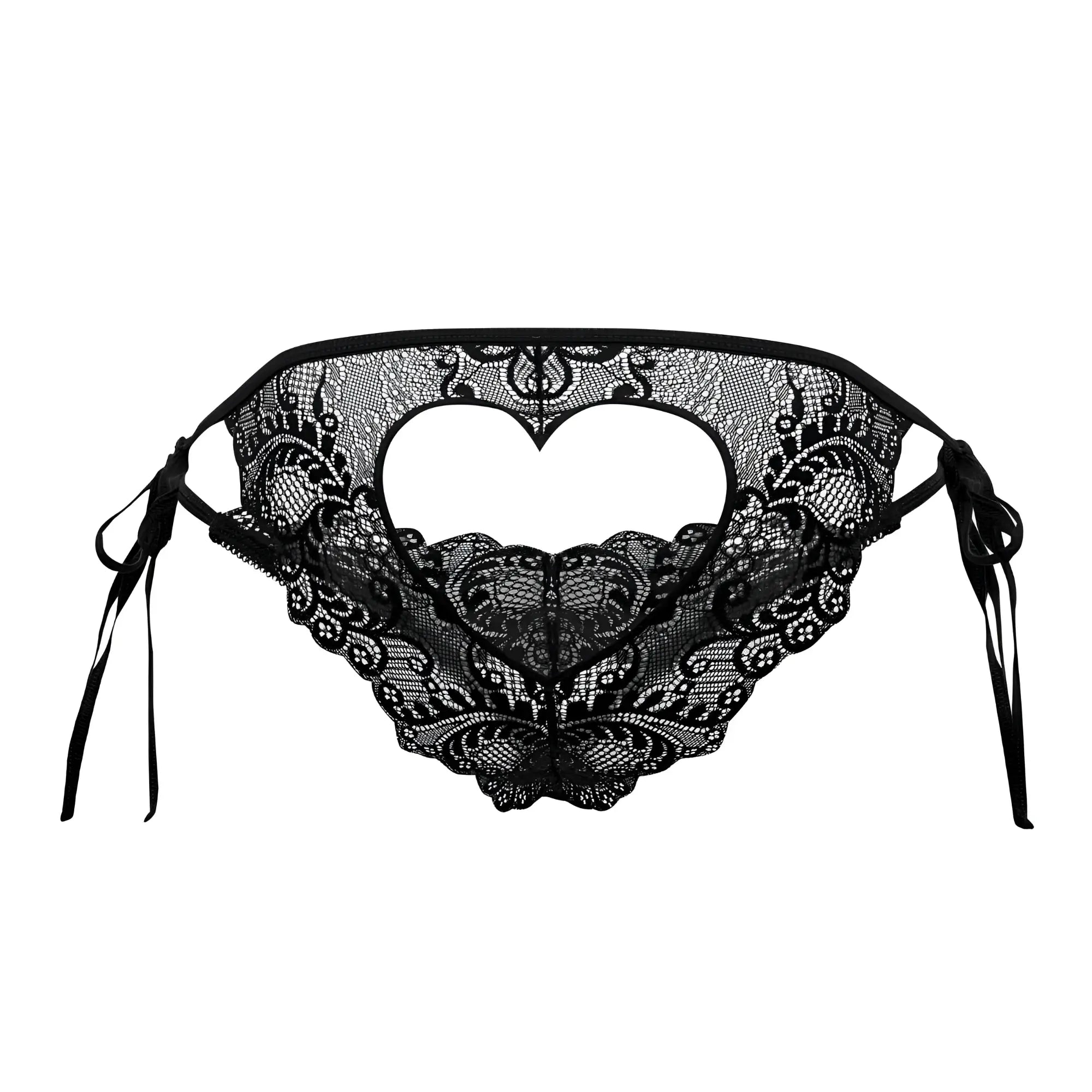 Black lace bikini bottom with heart-shaped cutout and tied side ties from Candyman 99579 in black