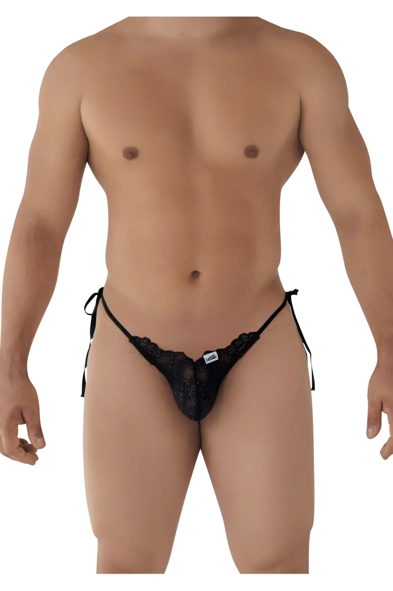Black lace thong with adjustable side ties in candy man 99579 lace heart bikini color black shown from the back