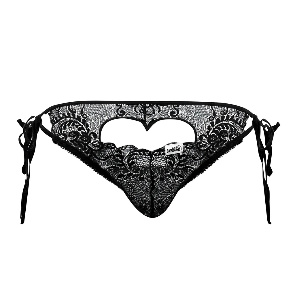 Black lace thong bikini with intricate floral patterns and heart-shaped cutout candyMan 99579 lace heart bikini black