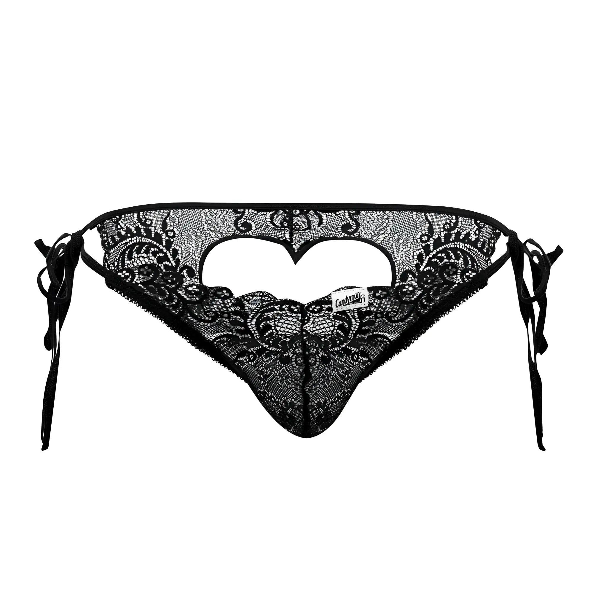 Black lace thong bikini with intricate floral patterns and heart-shaped cutout candyMan 99579 lace heart bikini black