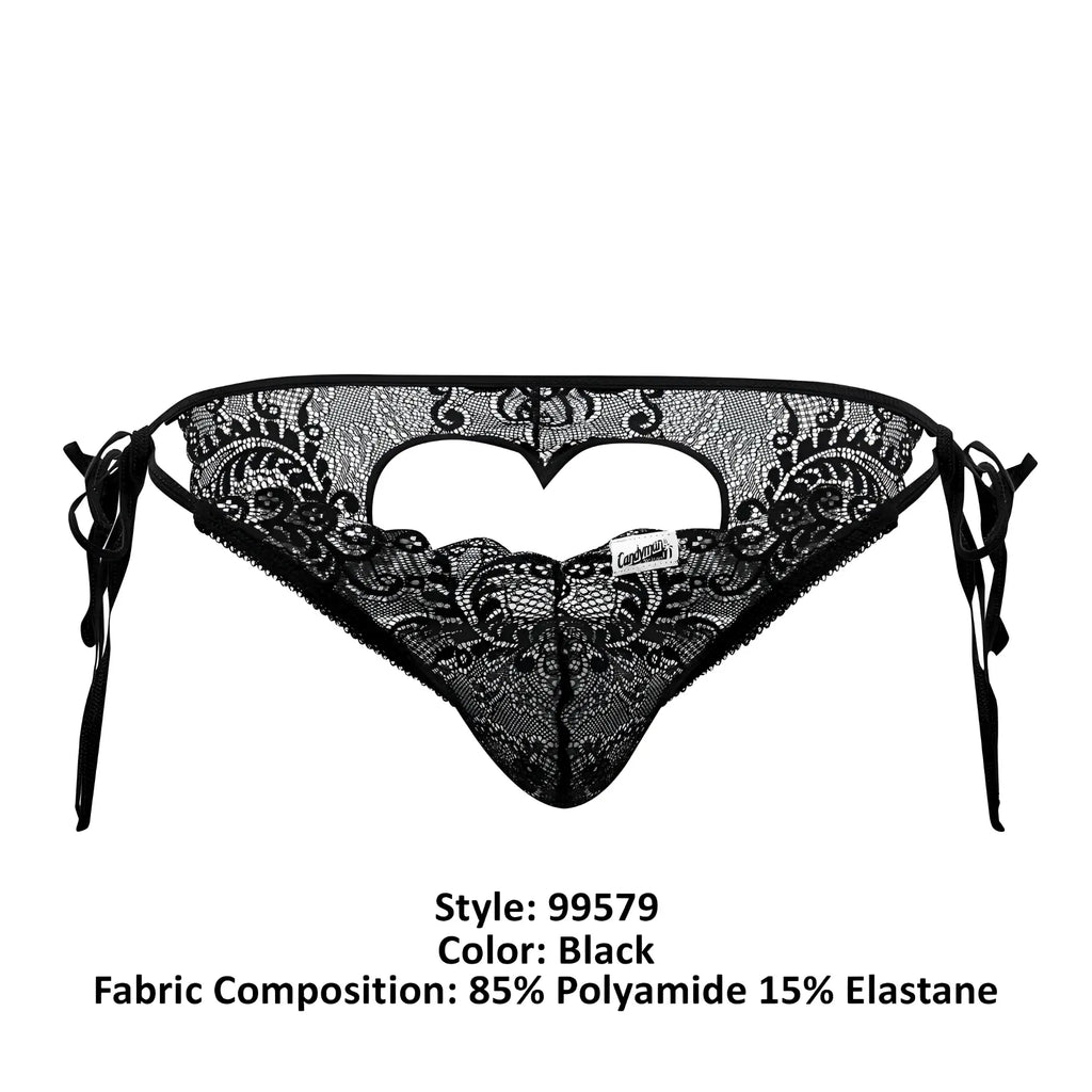 Black lace thong bikini with intricate floral patterns and heart-shaped cutout in candyMan 99579 black color