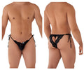 Black lace thong candyMan 99579 with heart-shaped cutout and adjustable side ties in black color