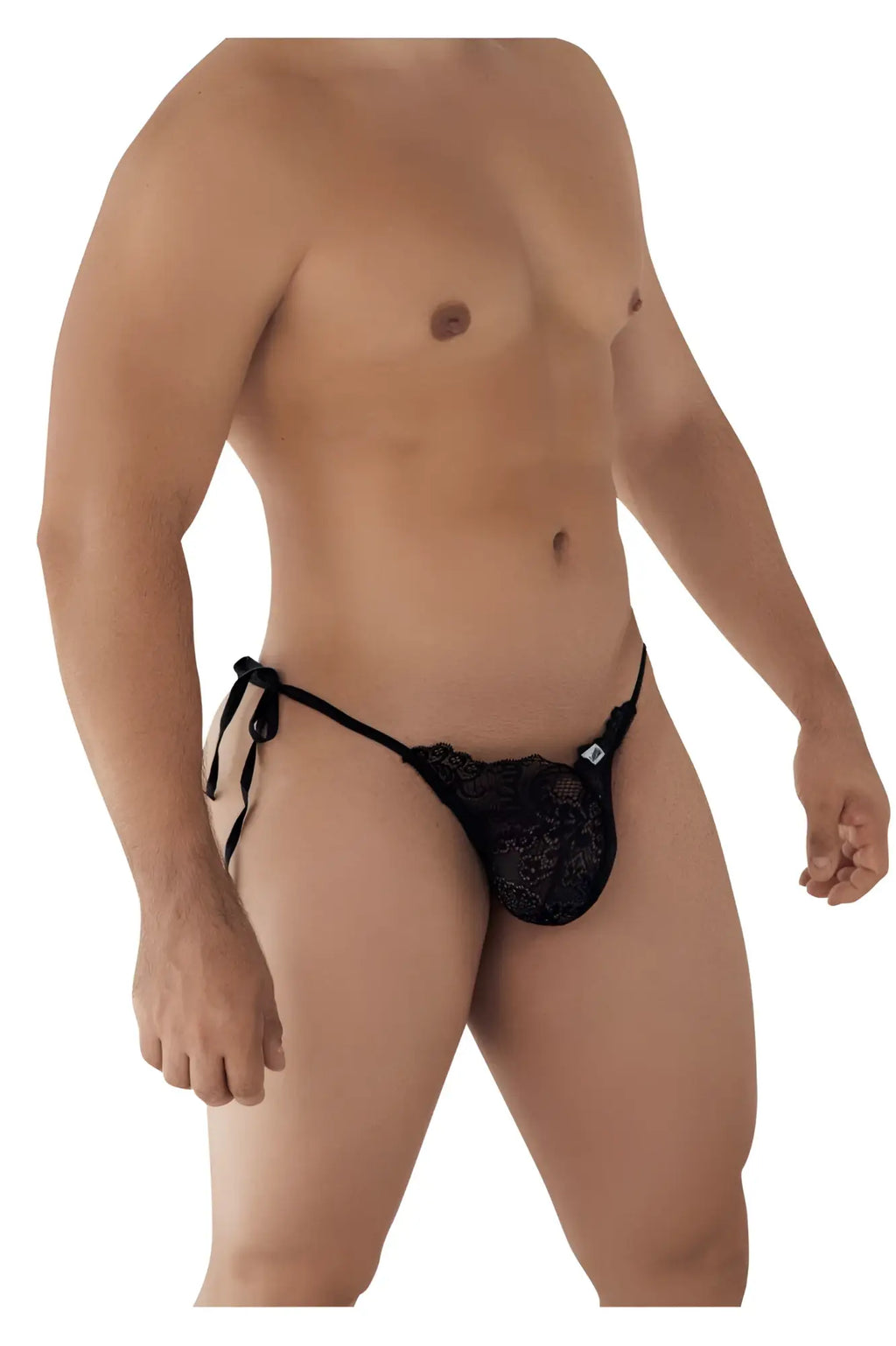 Black lace thong with tied side ties showing the back of candidman 99579 lace heart bikini color black