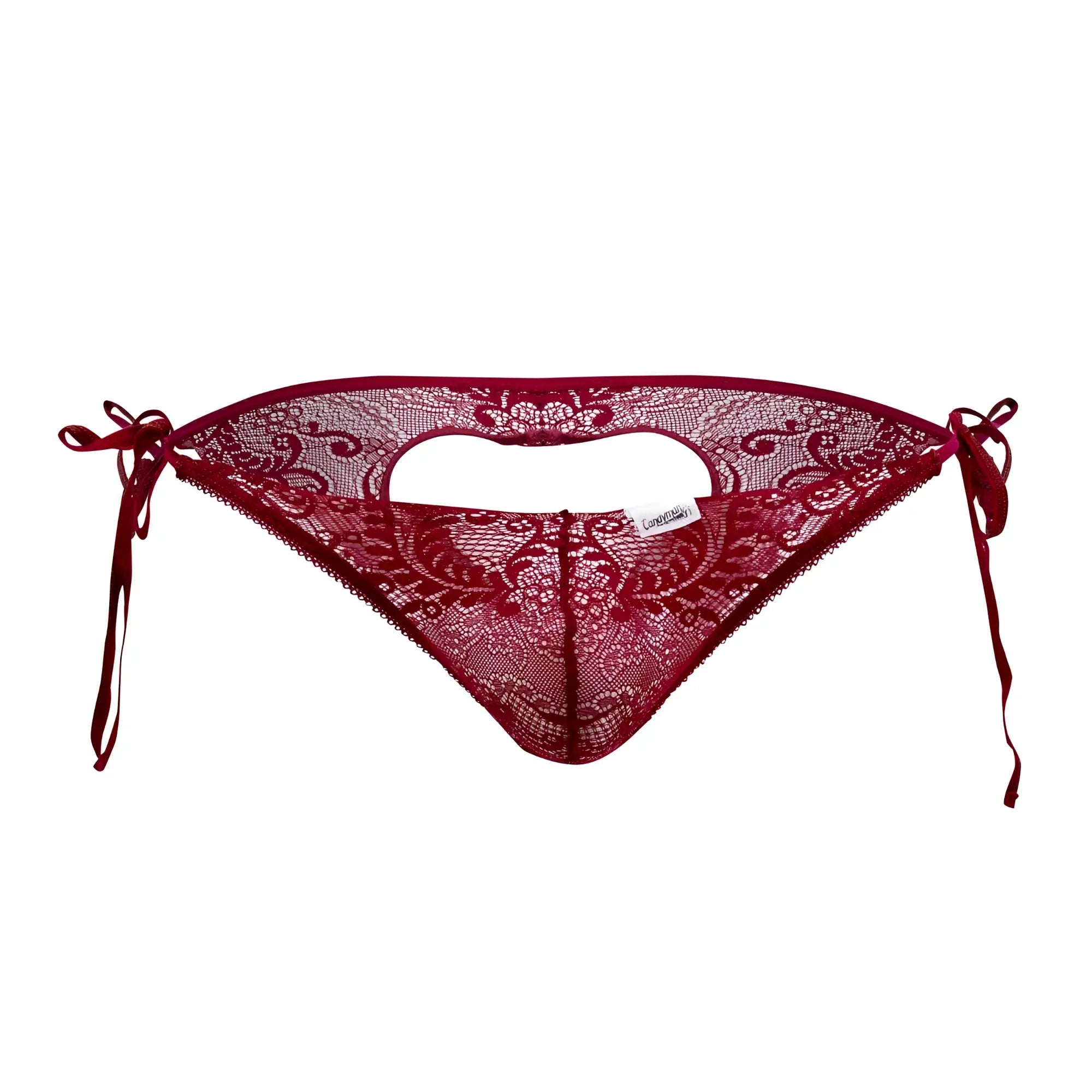 CandyMan 99579 lace heart bikini bottom in burgundy with deep red floral lace and tied side ties