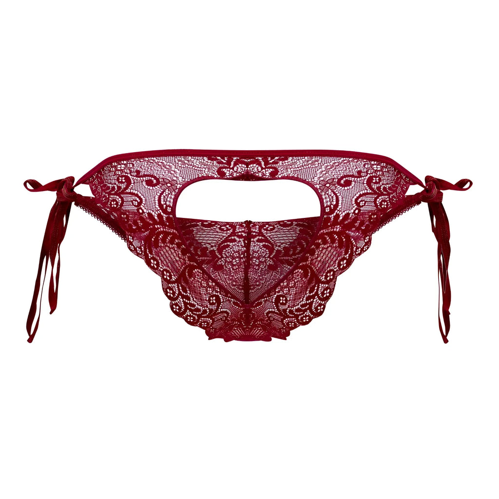 Deep red lace bikini bottom with intricate floral patterns and tied side ties from candyman 99579 lace heart collection