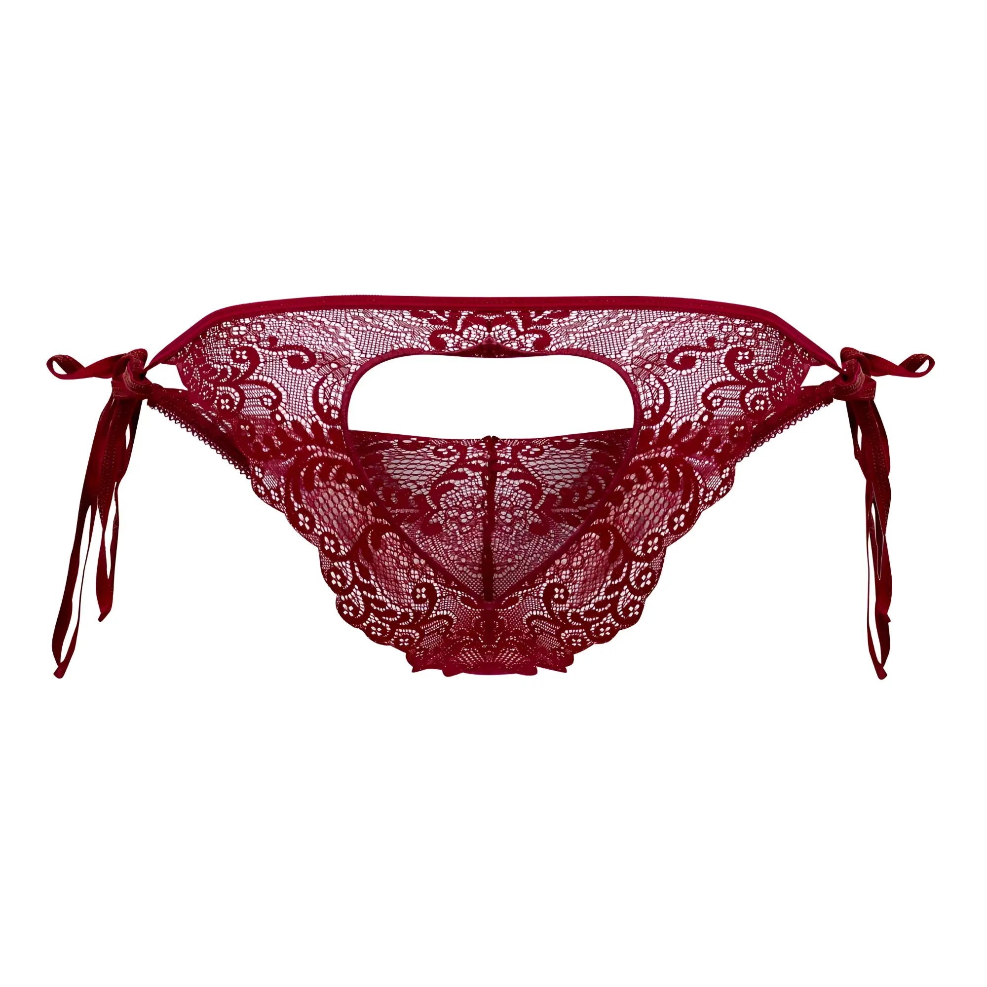 Deep red lace bikini bottom with intricate floral patterns and tied side ties from candyman 99579 lace heart collection