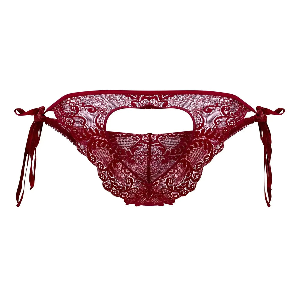 Deep red lace bikini bottom with intricate floral patterns and tied side ties from candyman 99579 lace heart collection