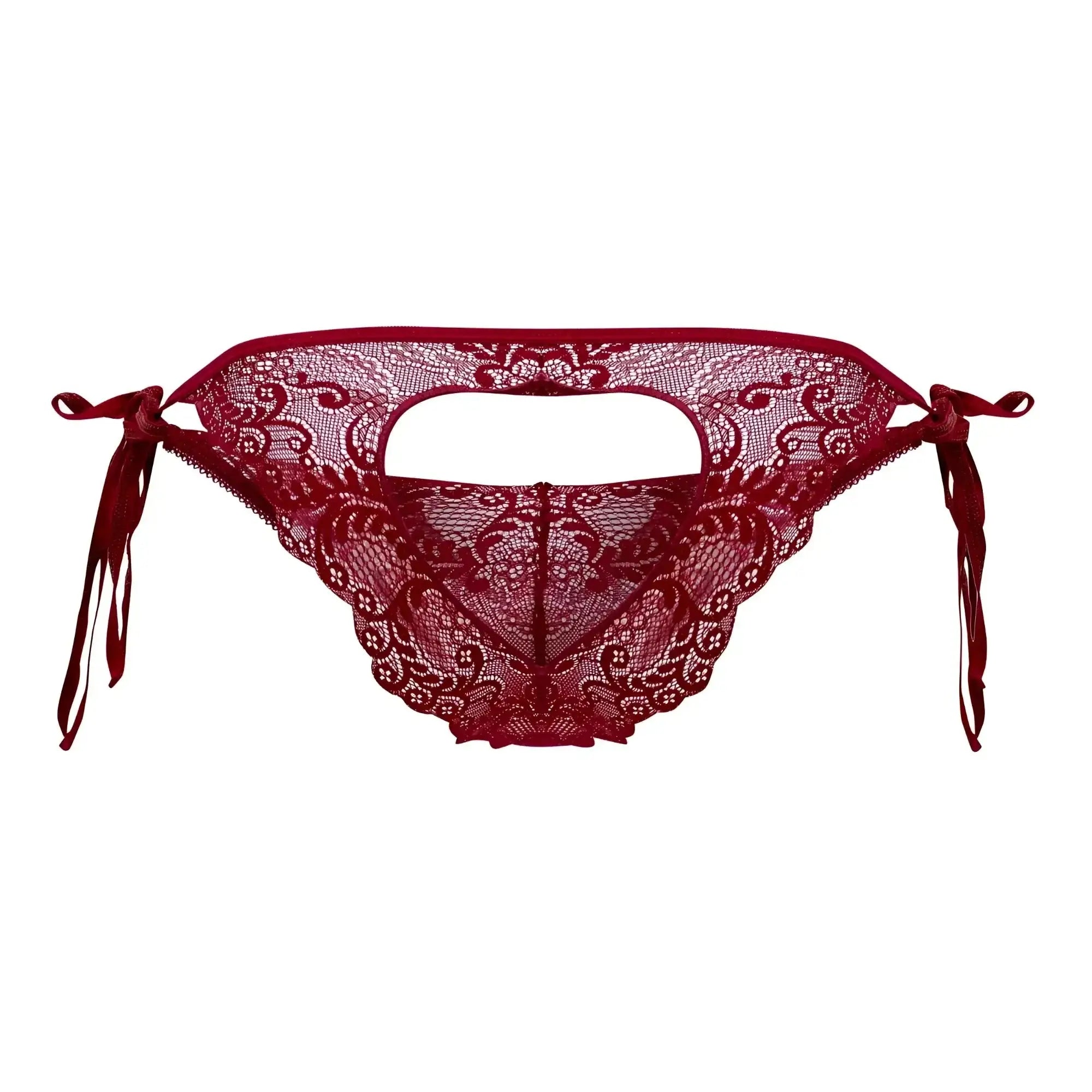 Deep red lace bikini bottom with intricate floral patterns and tied side ties from candyman 99579 lace heart collection