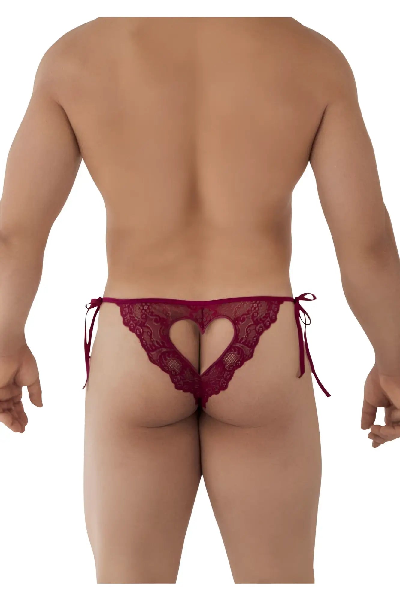 Deep red lace thong with heart-shaped cutout and tied side strings candyMan 99579 lace heart bikini color burgundy