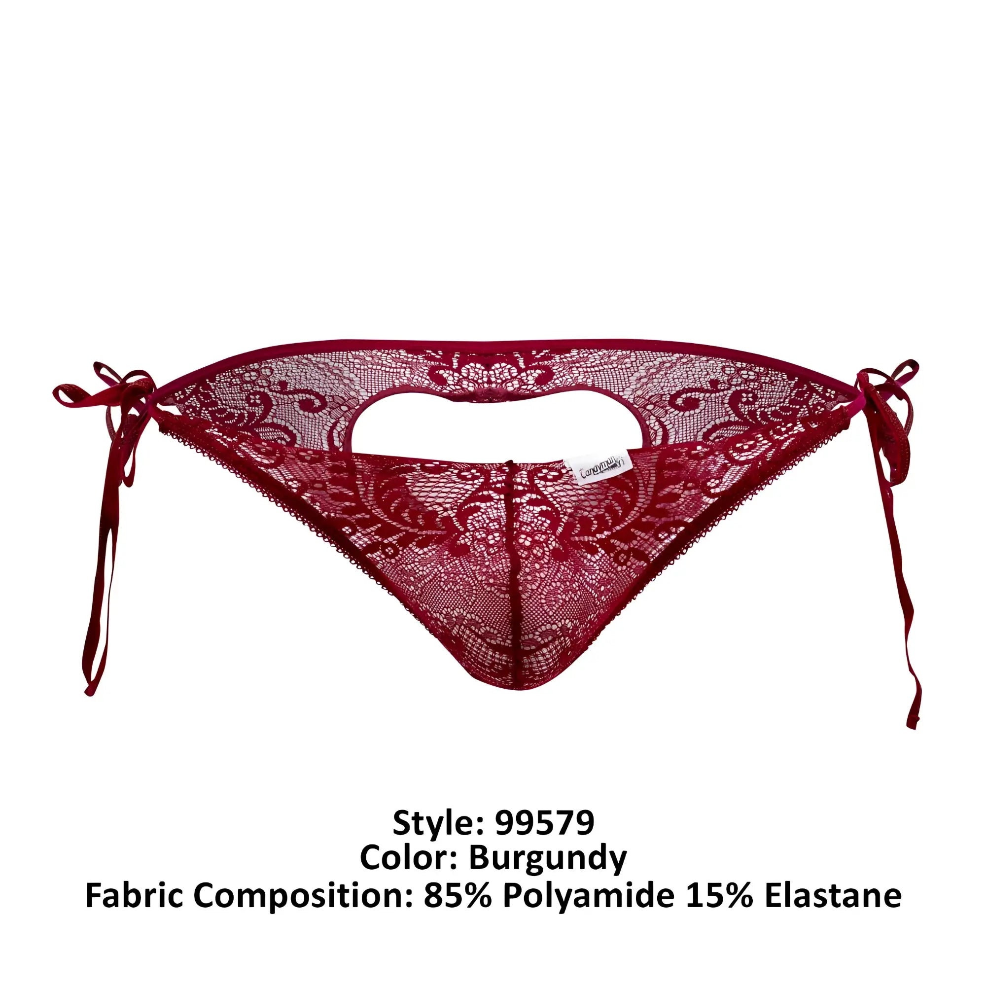 Burgundy lace heart bikini bottom with intricate floral patterns and adjustable side ties by CandyMan 99579