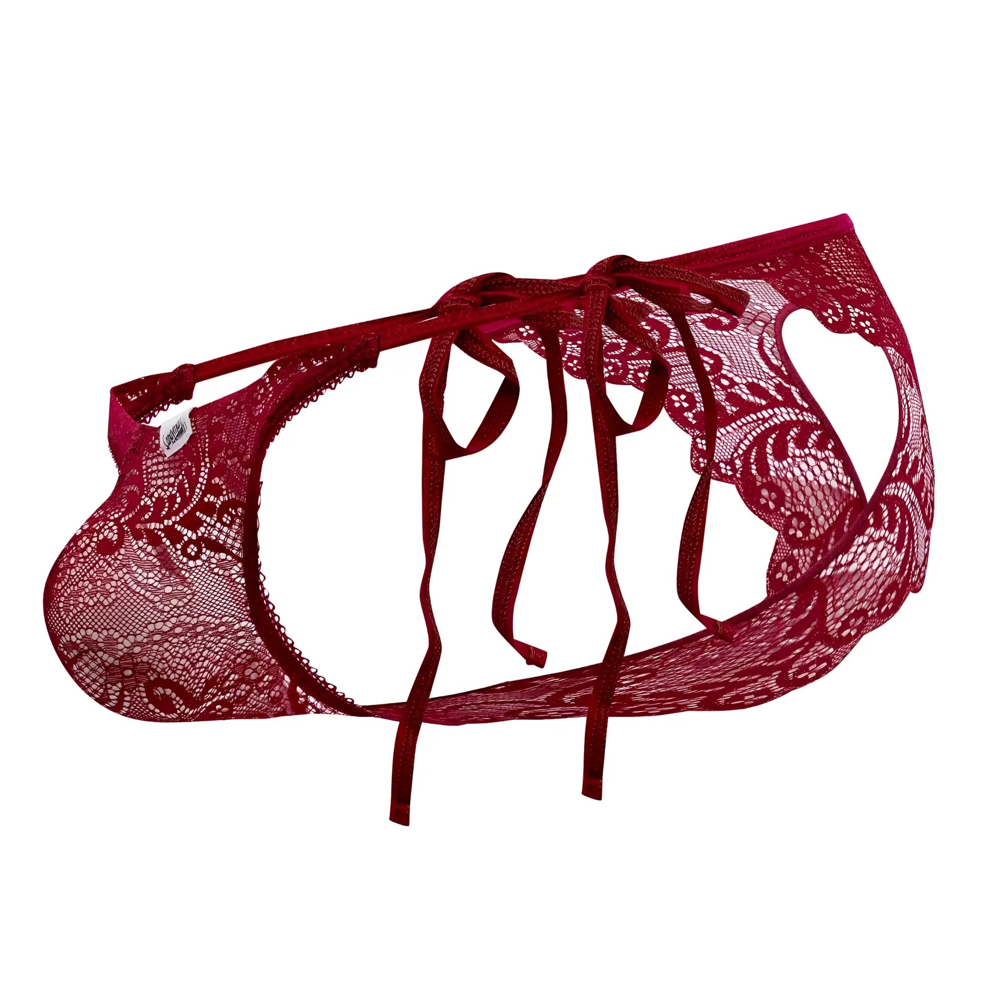 Red lace thong candyMan 99579 in burgundy with intricate floral patterns and adjustable side ties