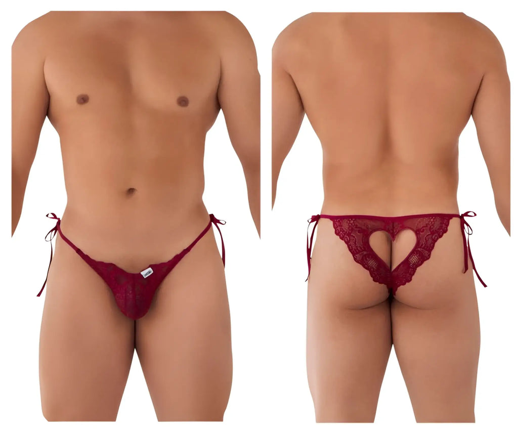 CandyMan 99579 red lace thong with heart-shaped cutout and tied side strings in burgundy lace fabric
